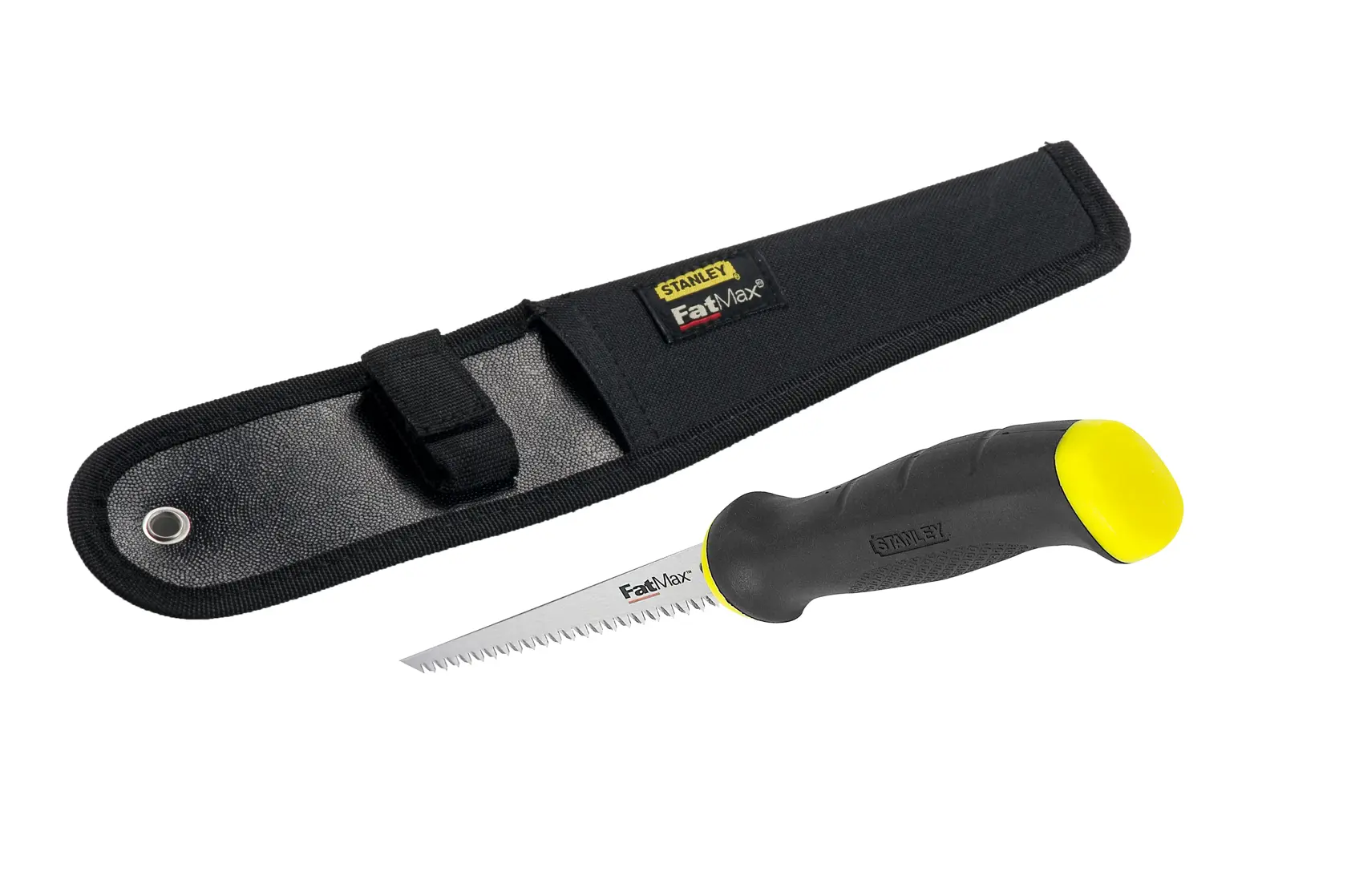 STANLEY 2-20-556 hand saw with black and yellow handle and protective black sheath, product side view.