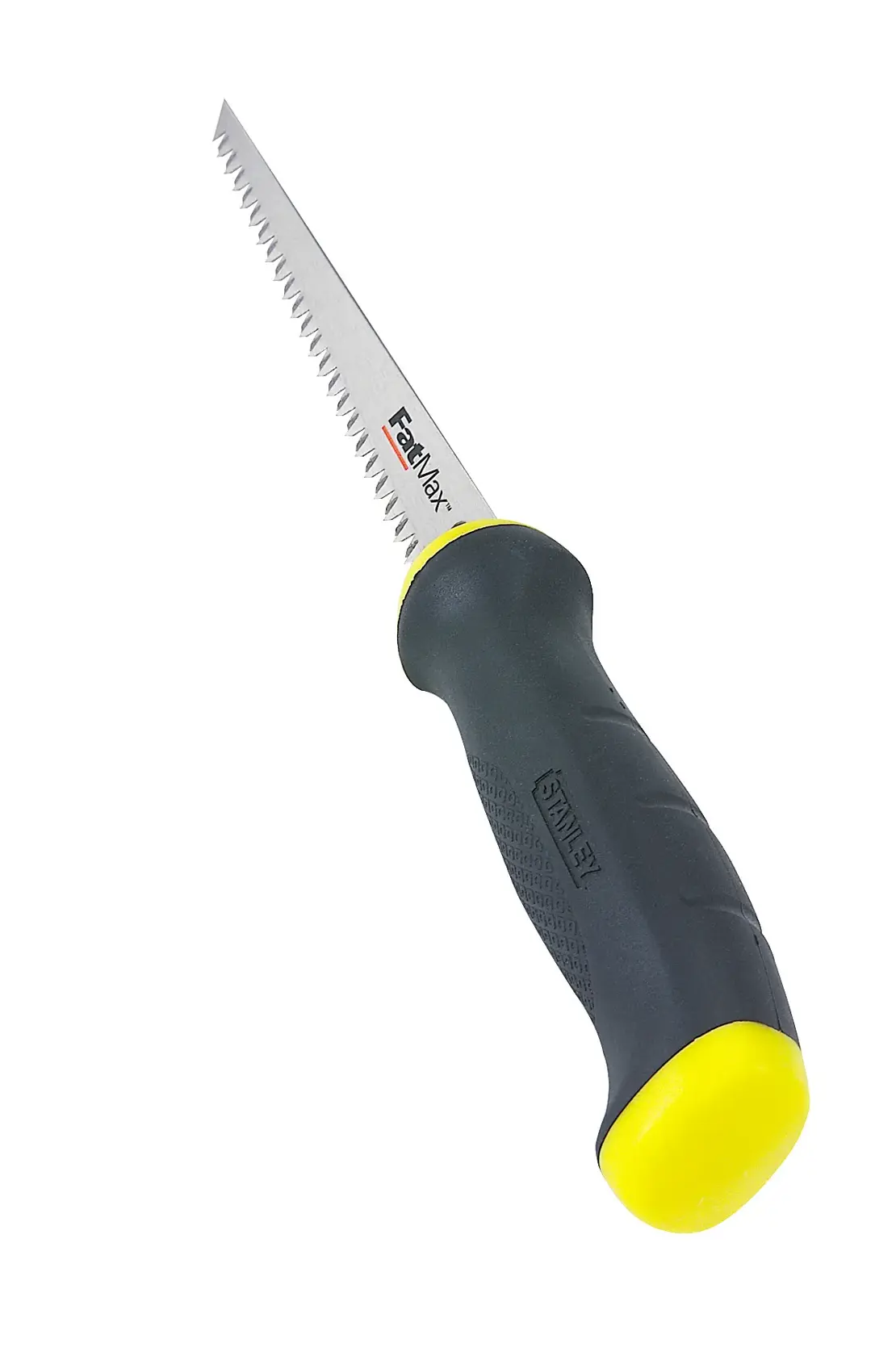 Photo of STANLEY 2-20-556 jab saw with a black and yellow ergonomic handle, angled on white background.