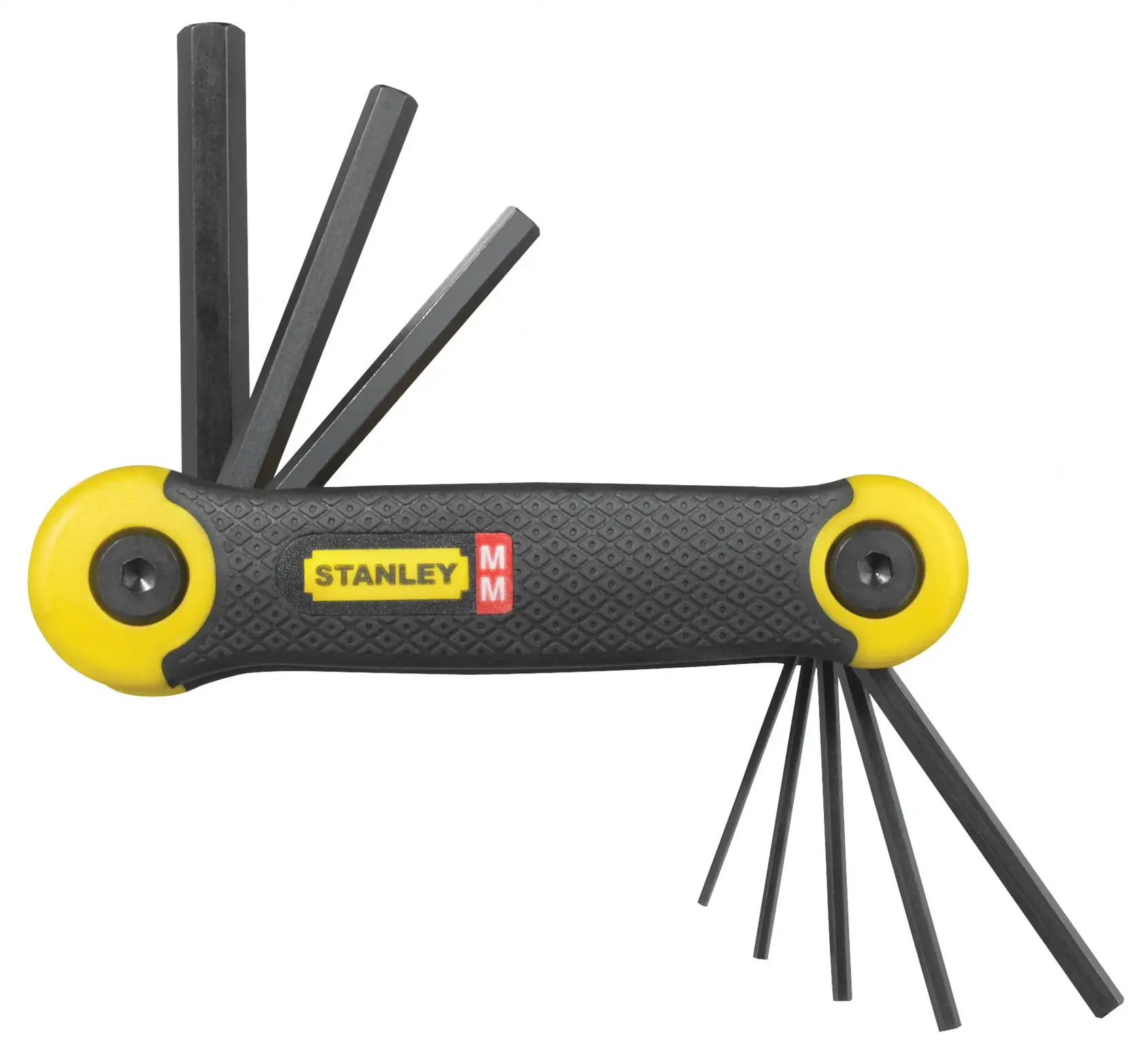 Photo of STANLEY 2-69-264 folding hex key set with black and yellow handle, hex keys extended, on white background.