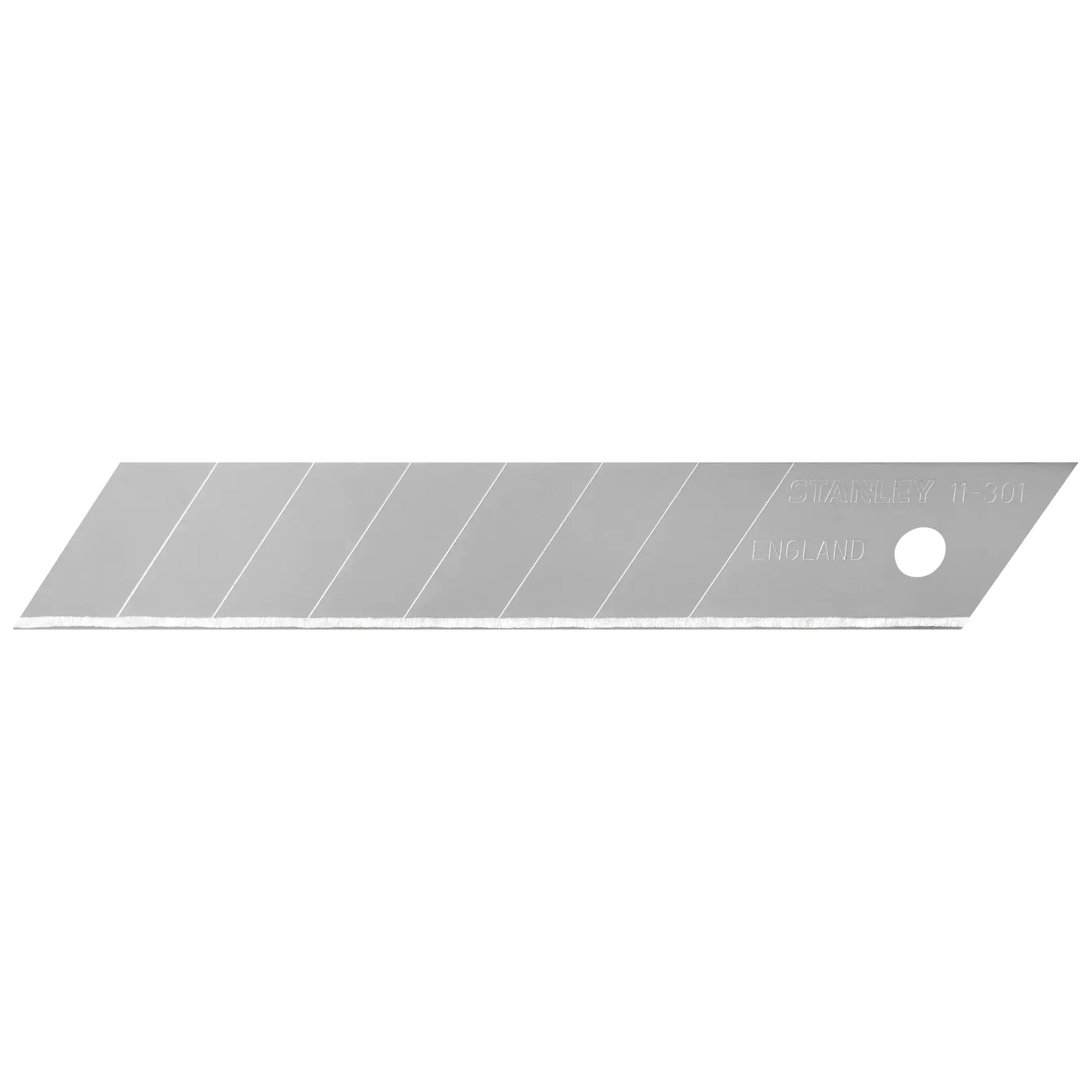 STANLEY 3-11-301 snap-off utility blade, silver, segmented design, side angle on white background.