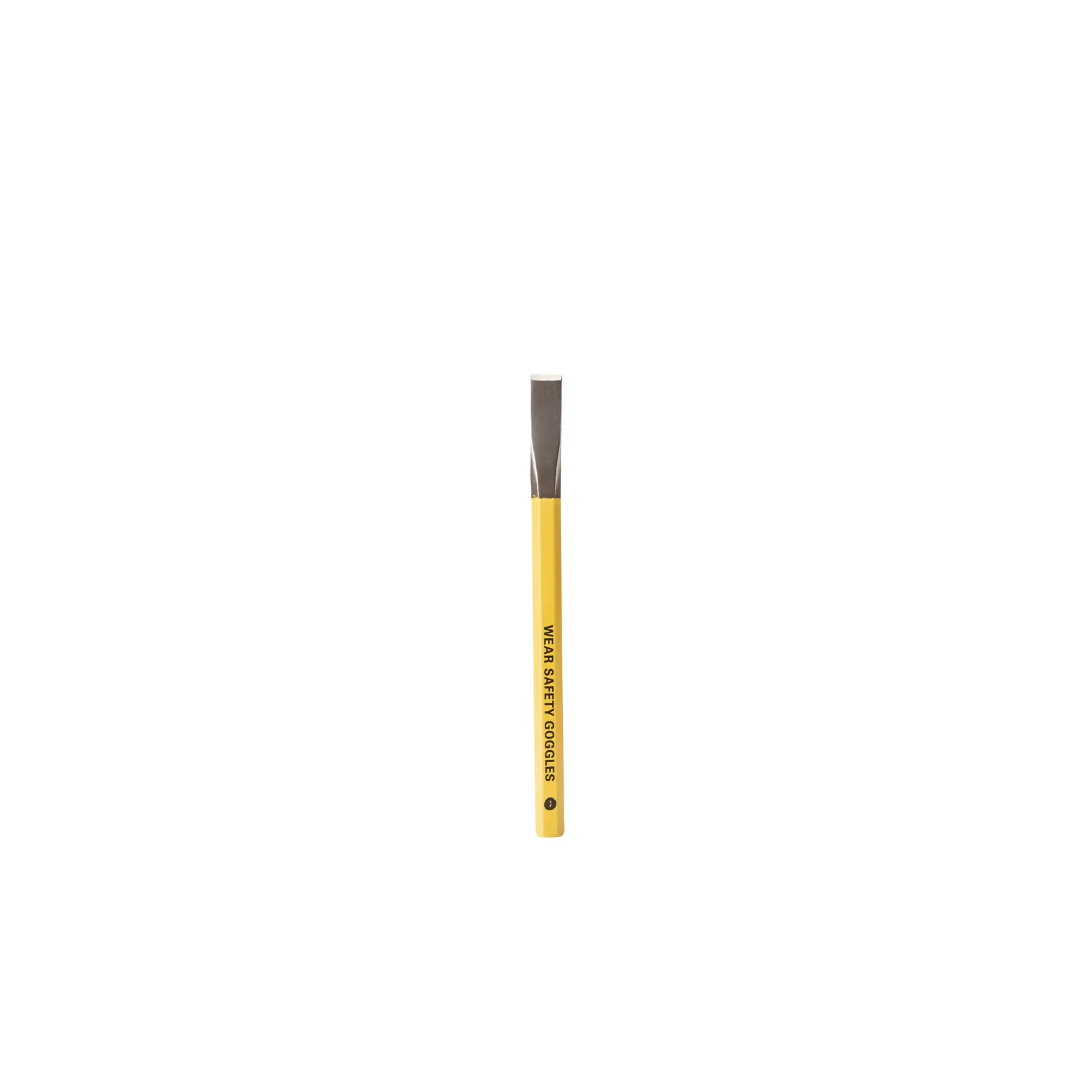 STANLEY 4-18-286 cold chisel with yellow handle, straight blade, front angle, isolated on white.