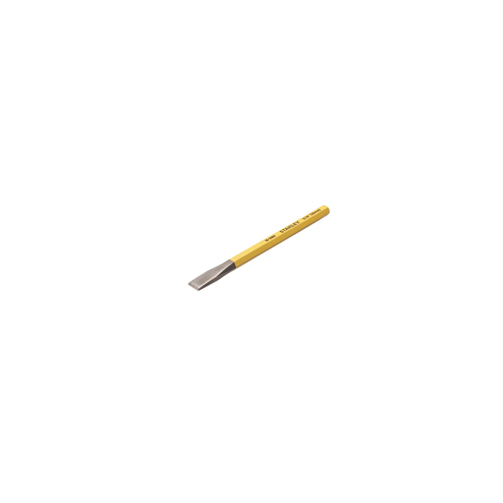 STANLEY 4-18-286 flat cold chisel with yellow handle, side view, hand tool for cutting metal.