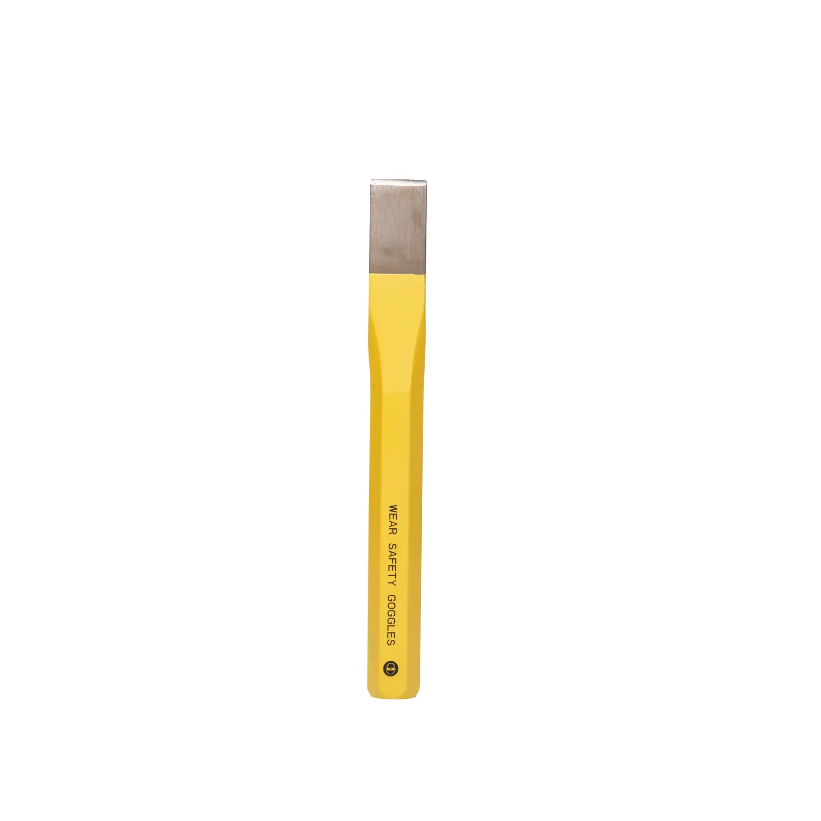 STANLEY 4-18-290 cold chisel with yellow handle, straight front view, isolated on white background.
