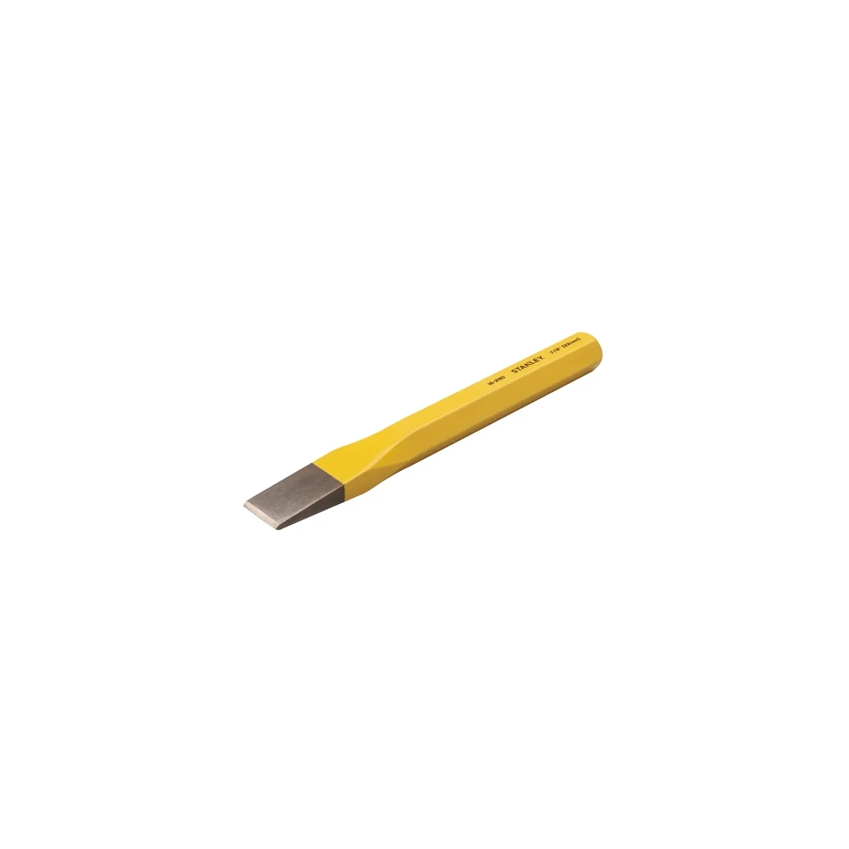STANLEY 4-18-290 yellow cold chisel, metal blade, side view on white background, hand tool photography.