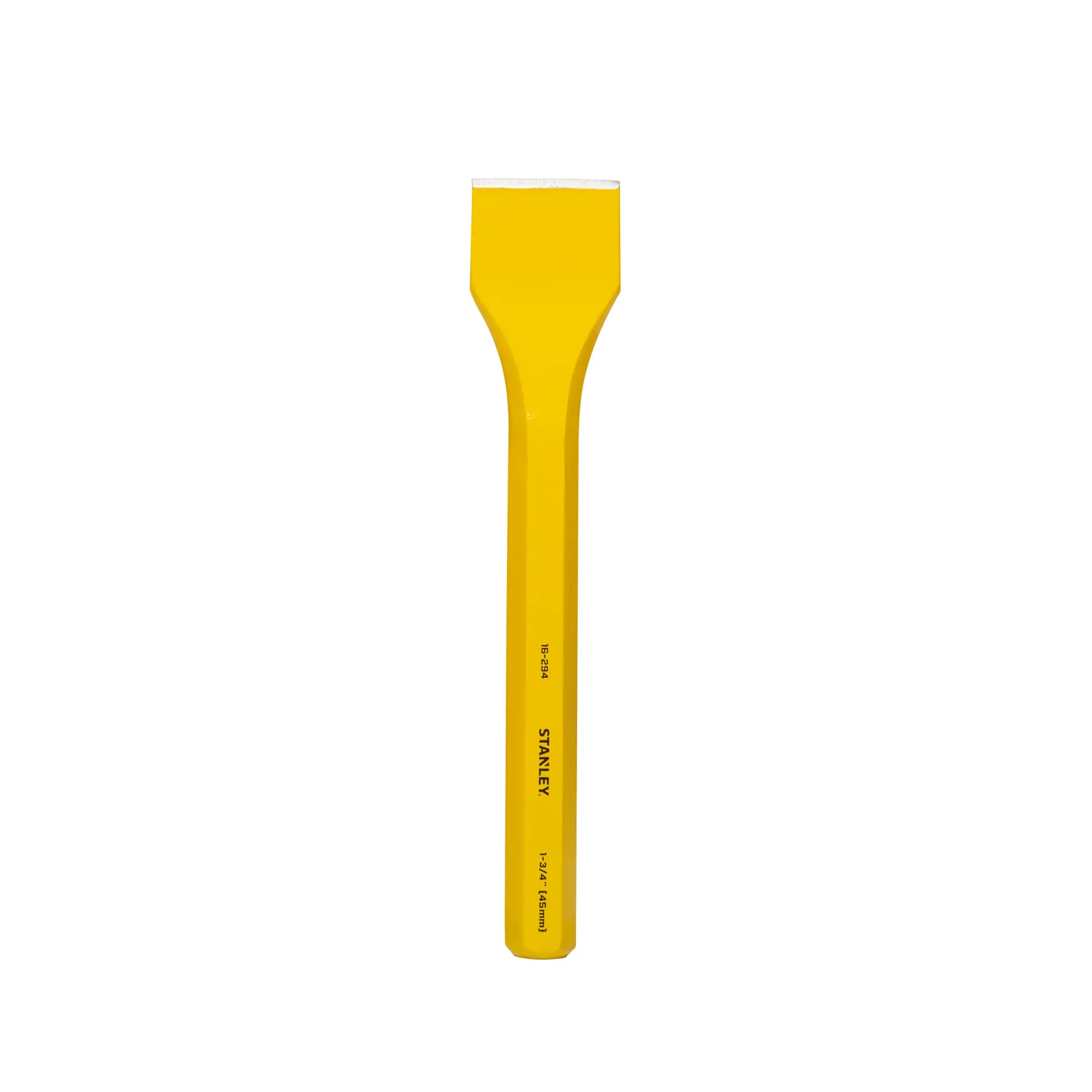 Stanley yellow cold chisel with flat blade, used for cutting metal or stone, SKU 4-18-294.