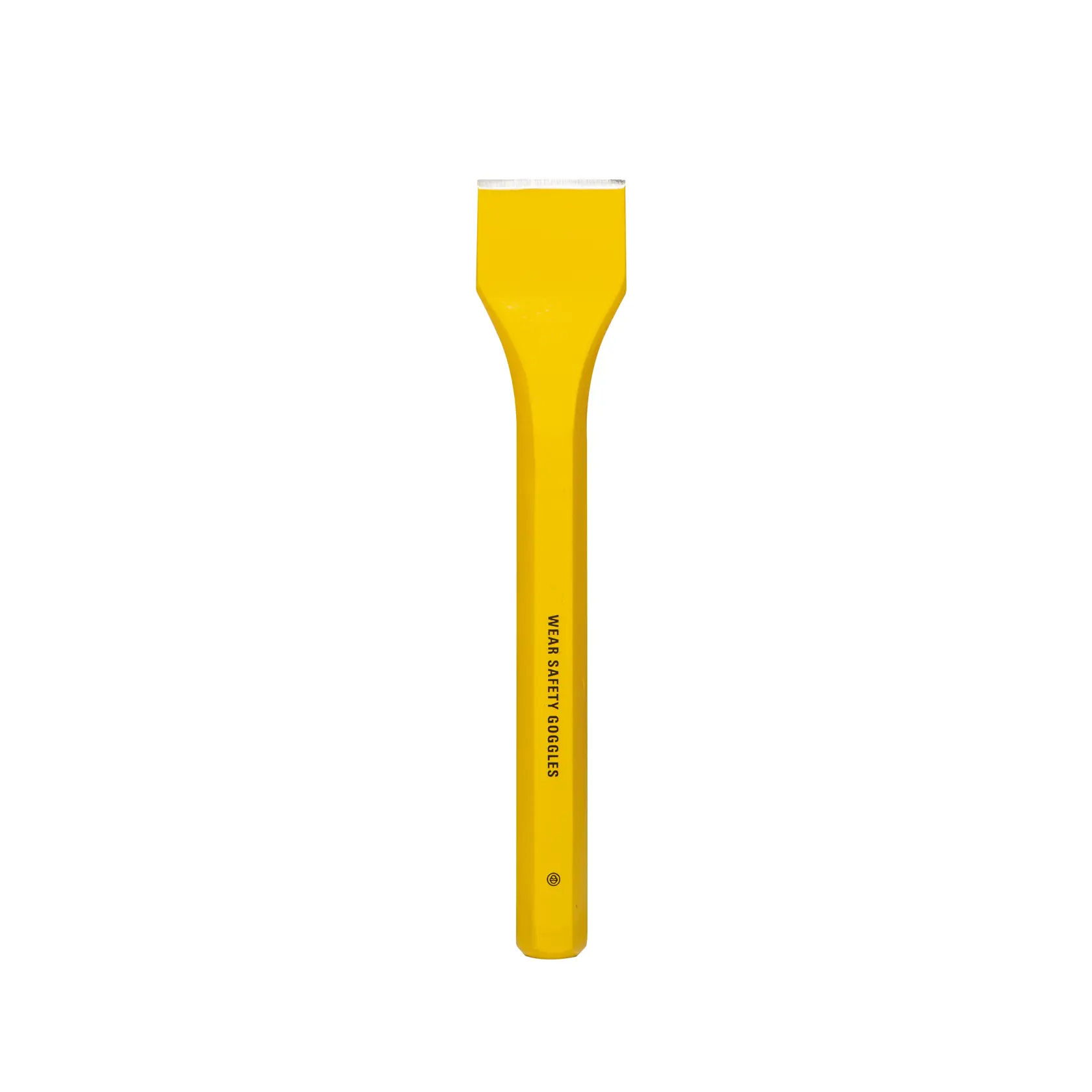 Front angle photo of STANLEY 4-18-294 yellow flat cold chisel with beveled edge and safety warning on handle.
