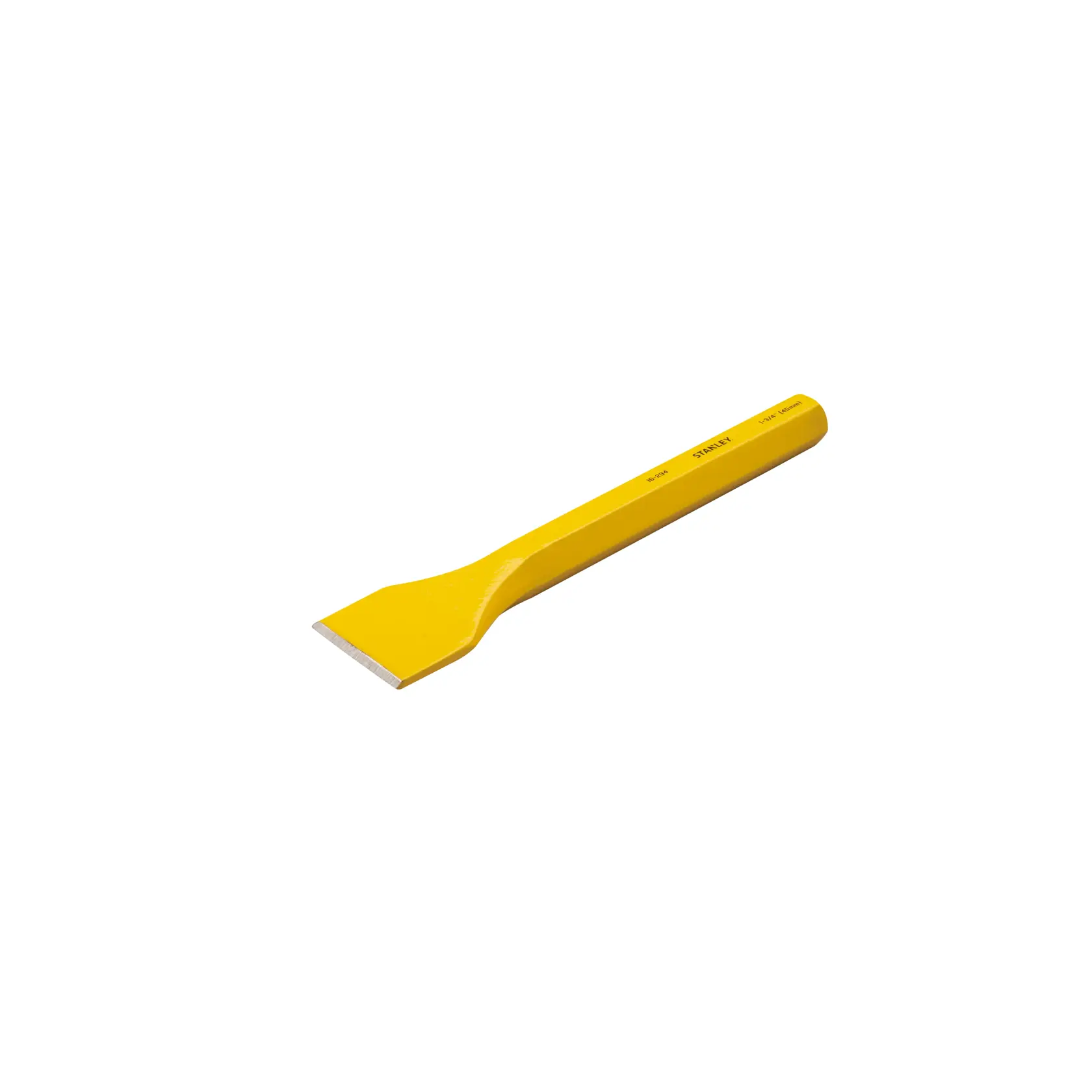 STANLEY 4-18-294 yellow flat chisel, side angle, steel construction, white background.