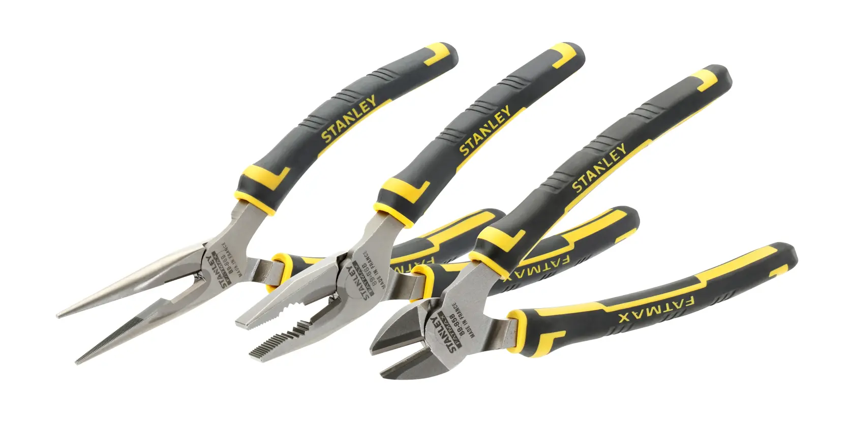 Stanley pliers set with three types, featuring black and yellow ergonomic handles, arranged on a white background.