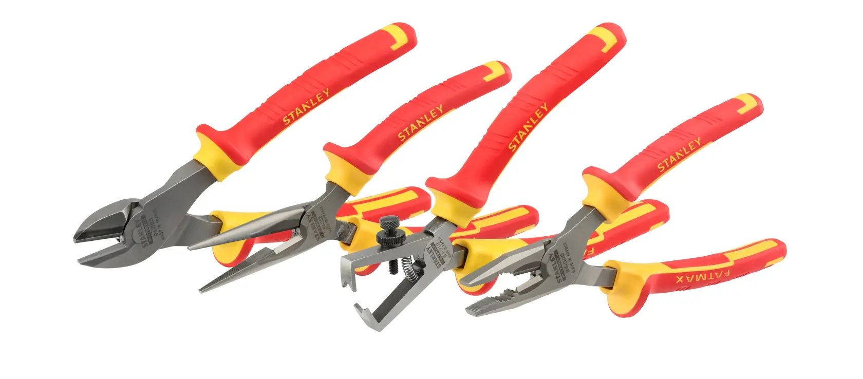 Stanley pliers set with red and yellow handles, featuring four different types for electrical work.