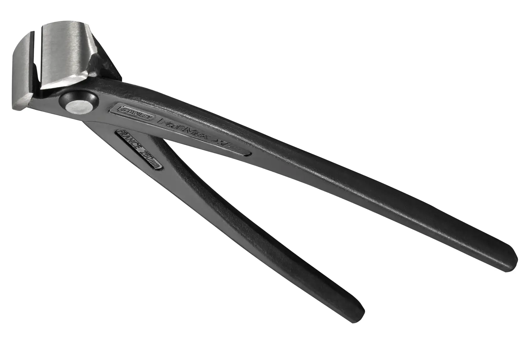 Black and silver Stanley end cutting pliers with curved handles shown on a white background.