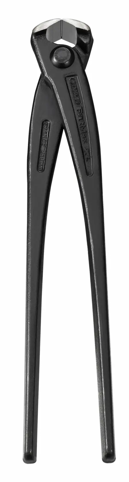 Black steel end cutting pliers with long handles, used for cutting wire or nails.