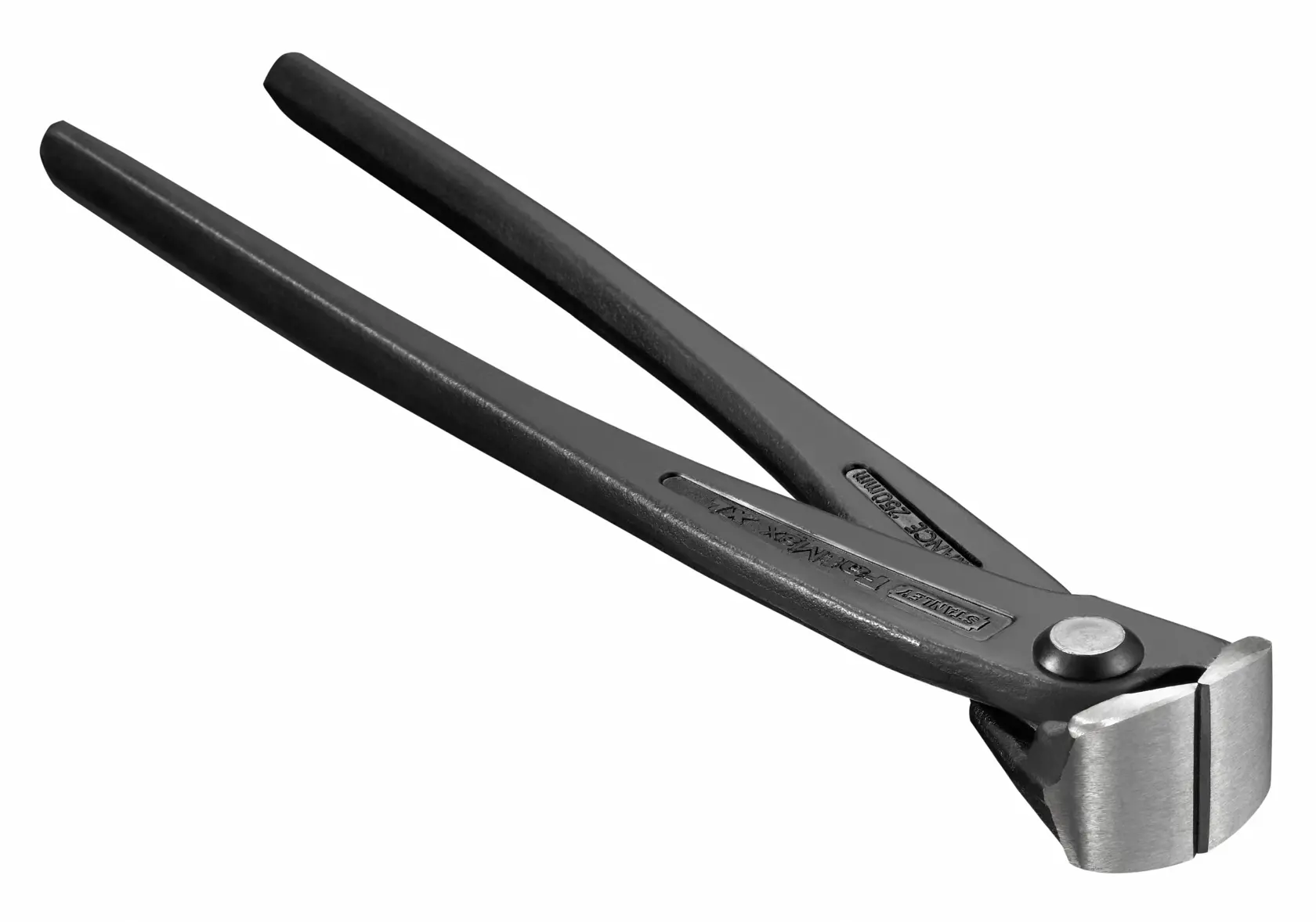 STANLEY 4-95-098 black steel end cutting pliers, side angle, on white background.