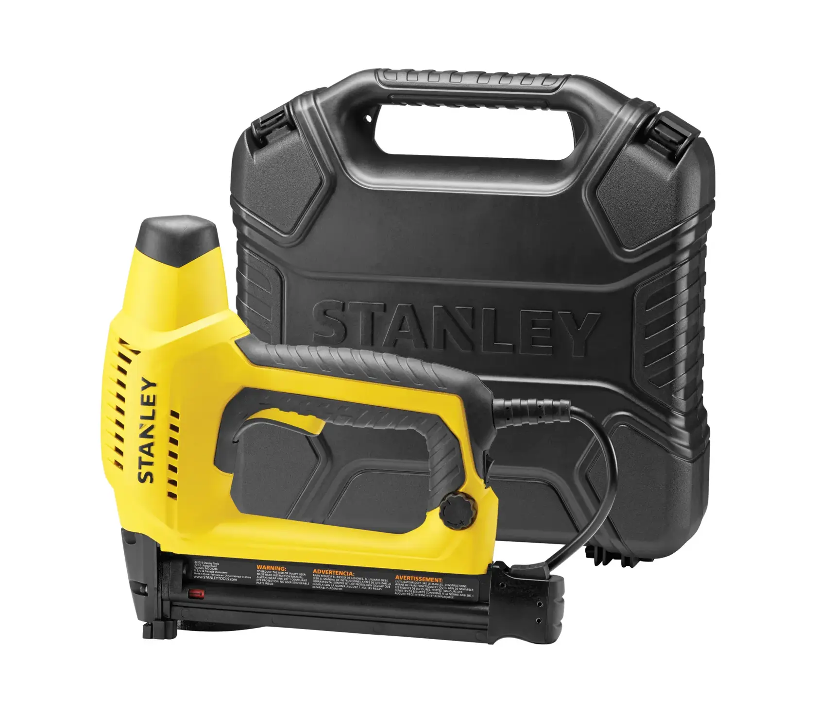 Photo of STANLEY 6-TRE650 electric nail gun with black hard carrying case, angled front view on white background.
