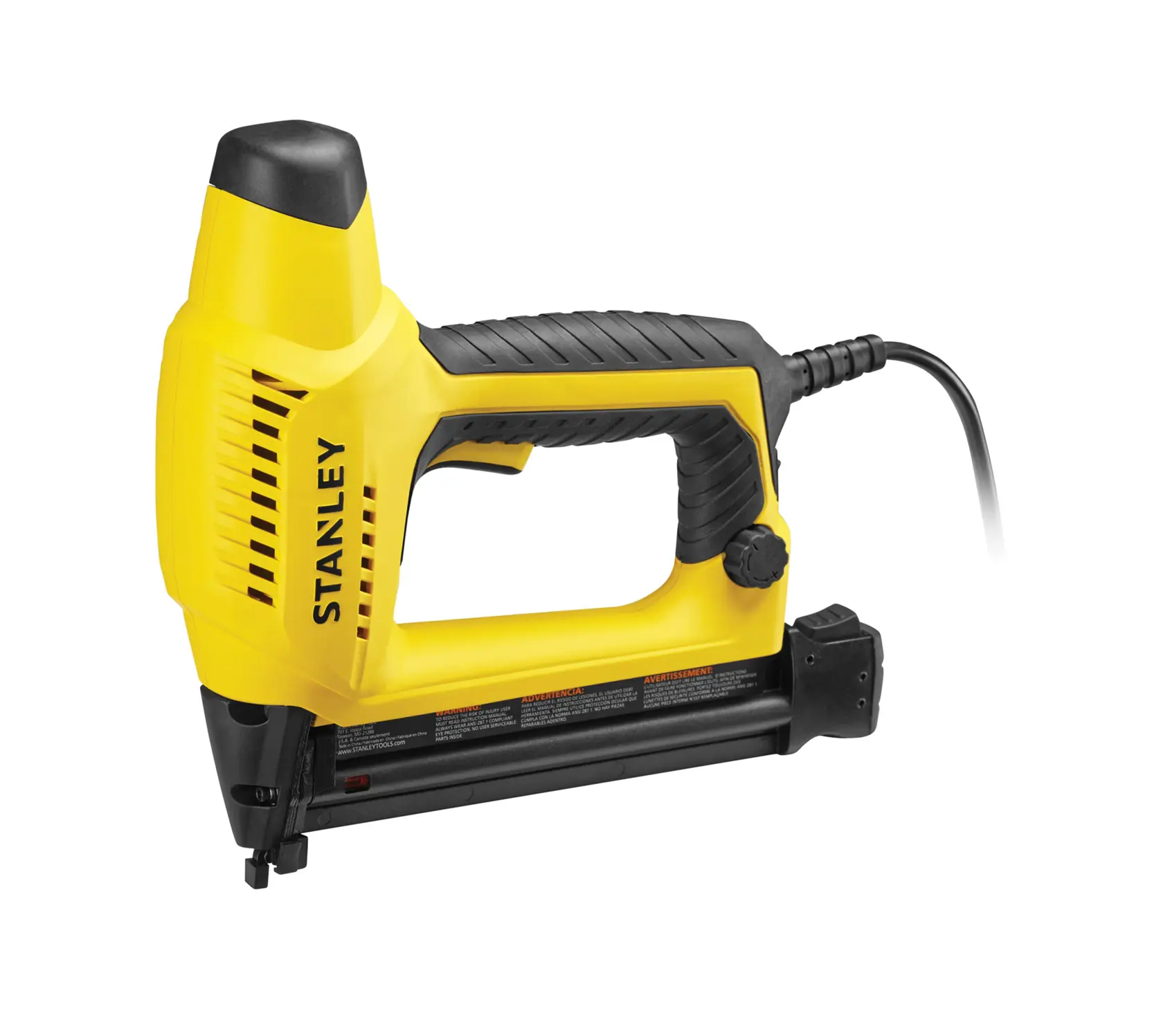 STANLEY 6-TRE650 electric nail gun side view, yellow and black with cord, photography on white background.