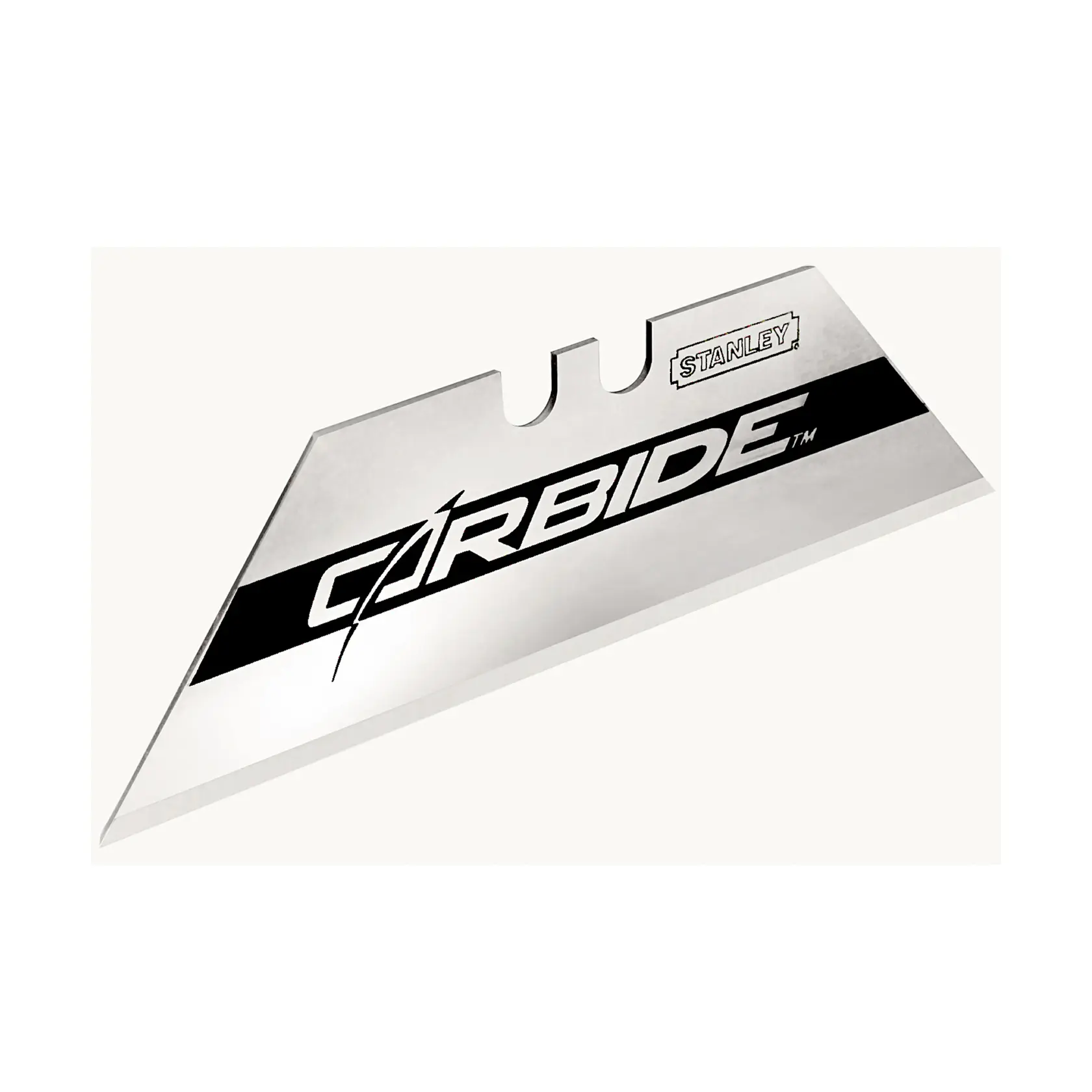 STANLEY 8-11-800 utility knife blade, silver with black CARBIDE branding, angled view on white background.