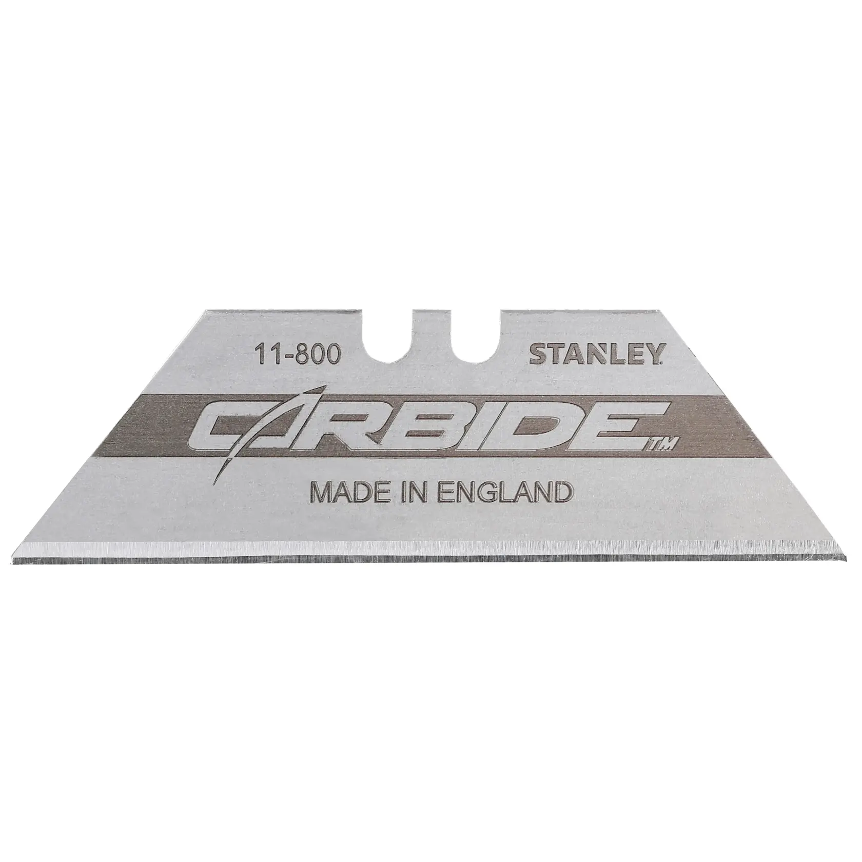 STANLEY 8-11-800 utility knife blade, silver color, photographed from the front on white background.