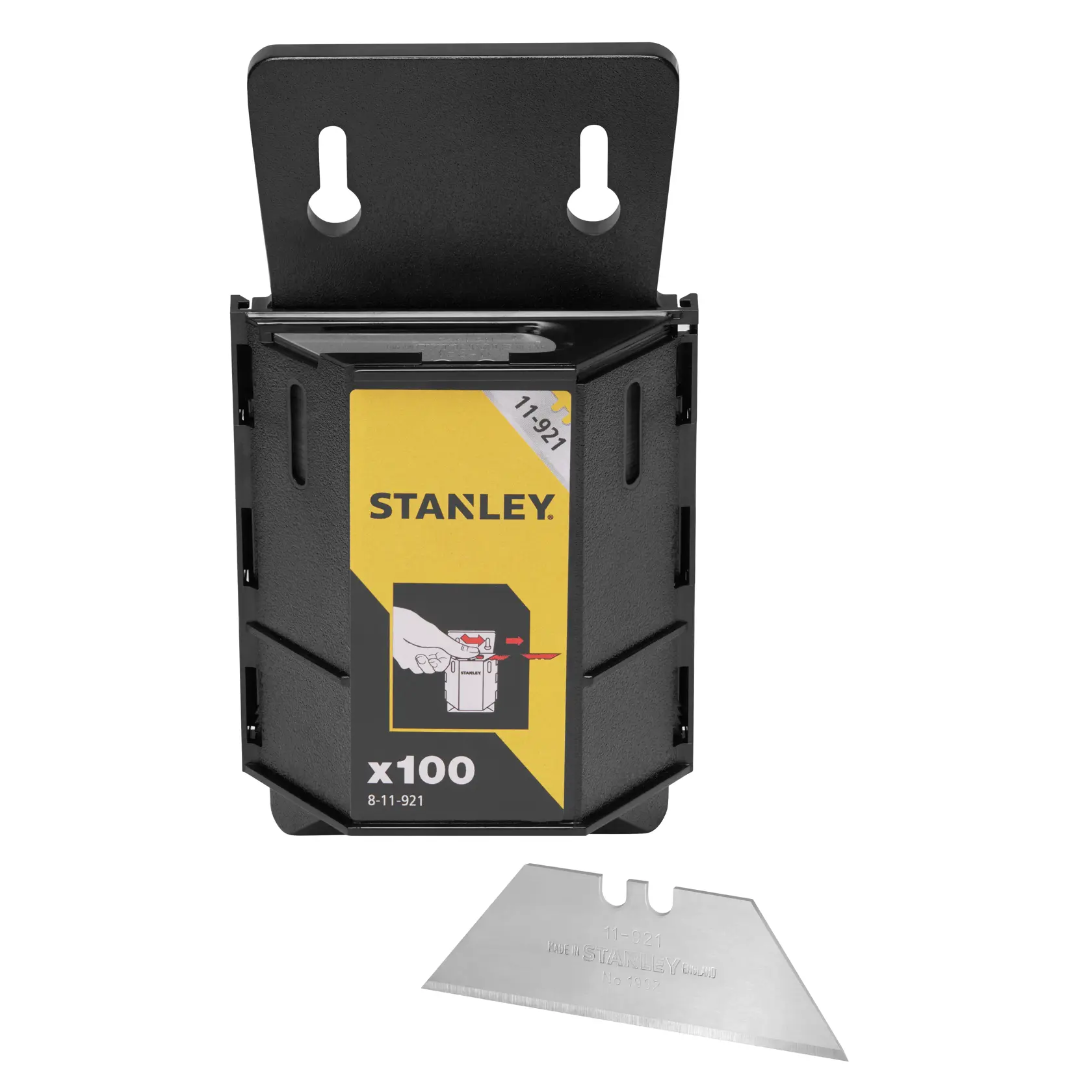 STANLEY 8-11-921 utility blades dispenser with yellow label, 100 blades, shown with a single blade on white background.