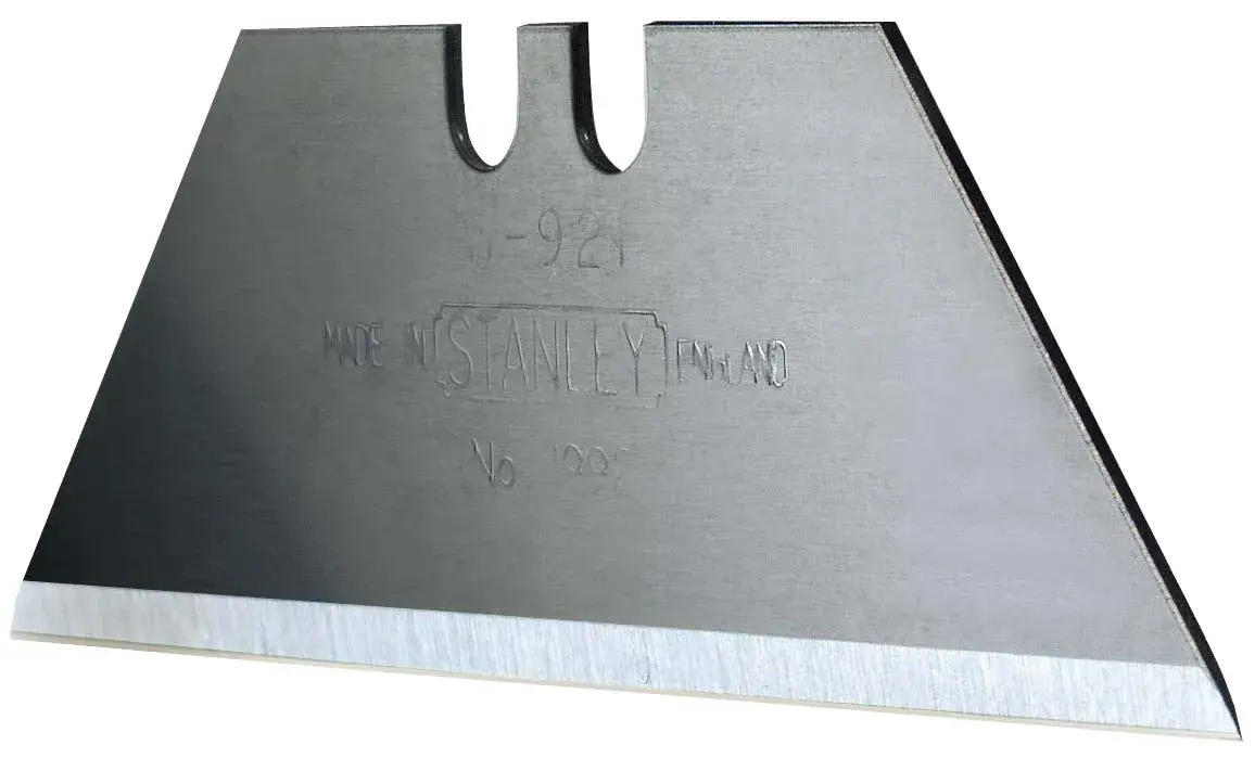 STANLEY 8-11-921 utility knife blade, silver steel, close-up side angle, white background.