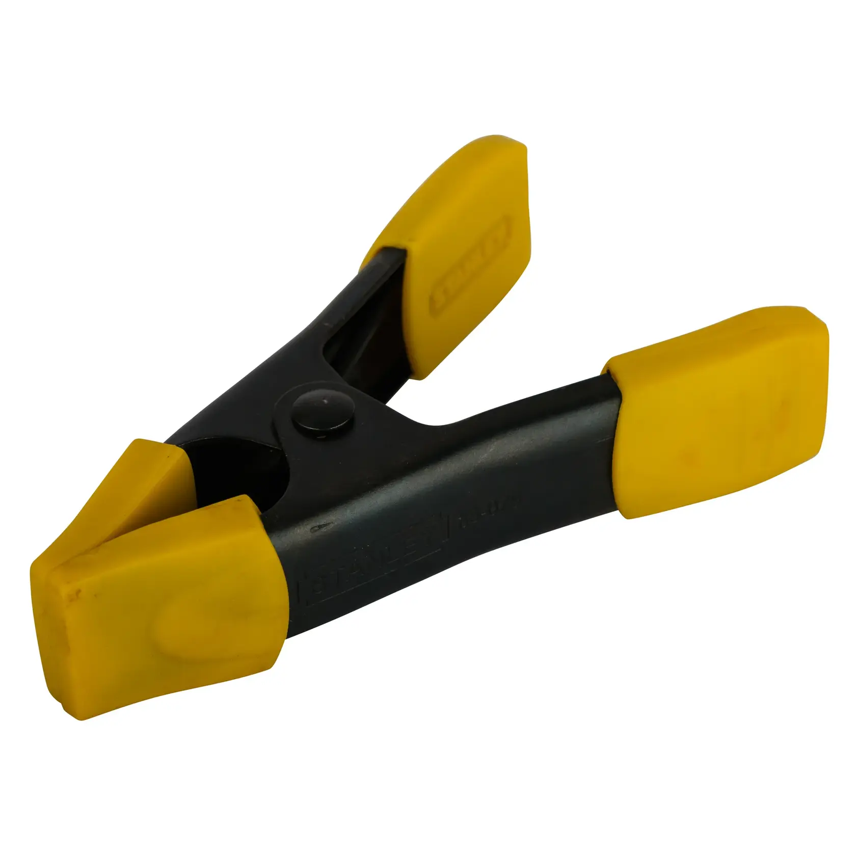 STANLEY 9-83-079 photography of a black spring clamp with yellow padded jaws, angled on white background.