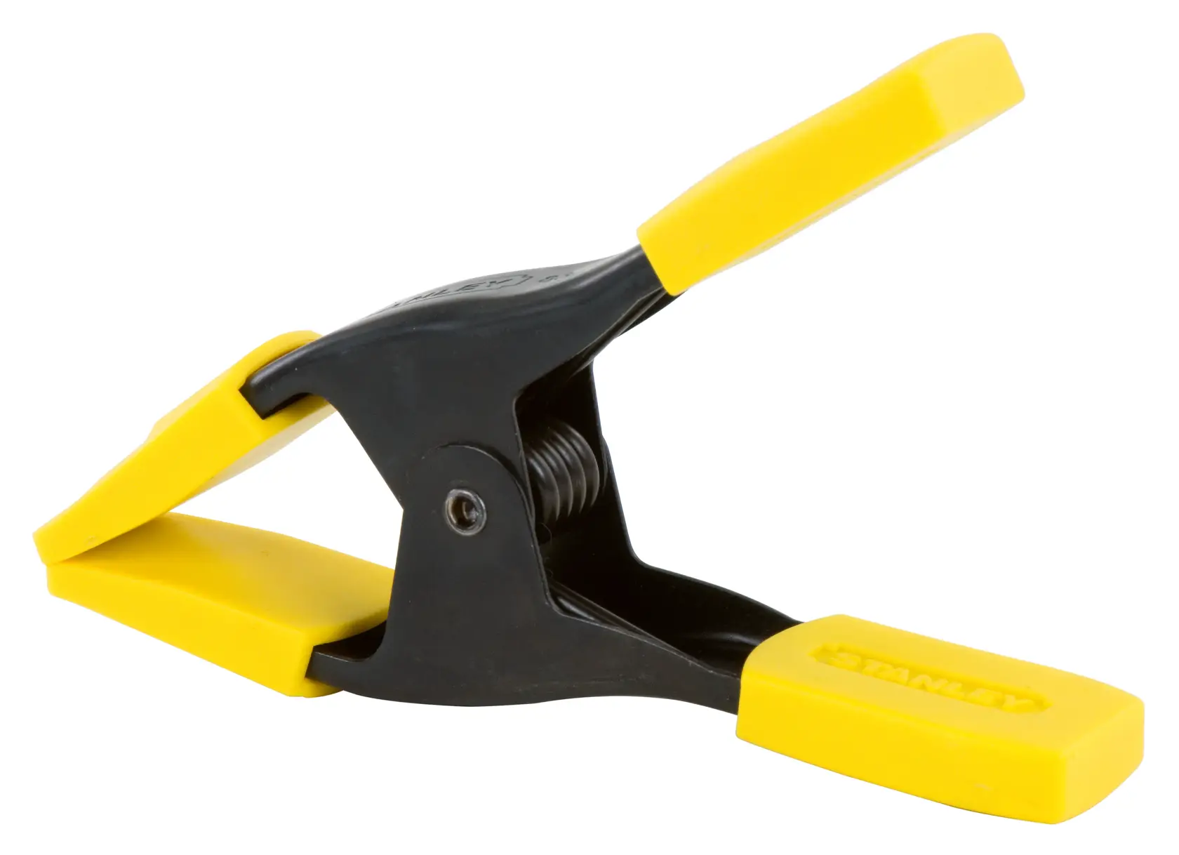 STANLEY 9-83-080 photography of black and yellow spring clamp, side angle on white background.