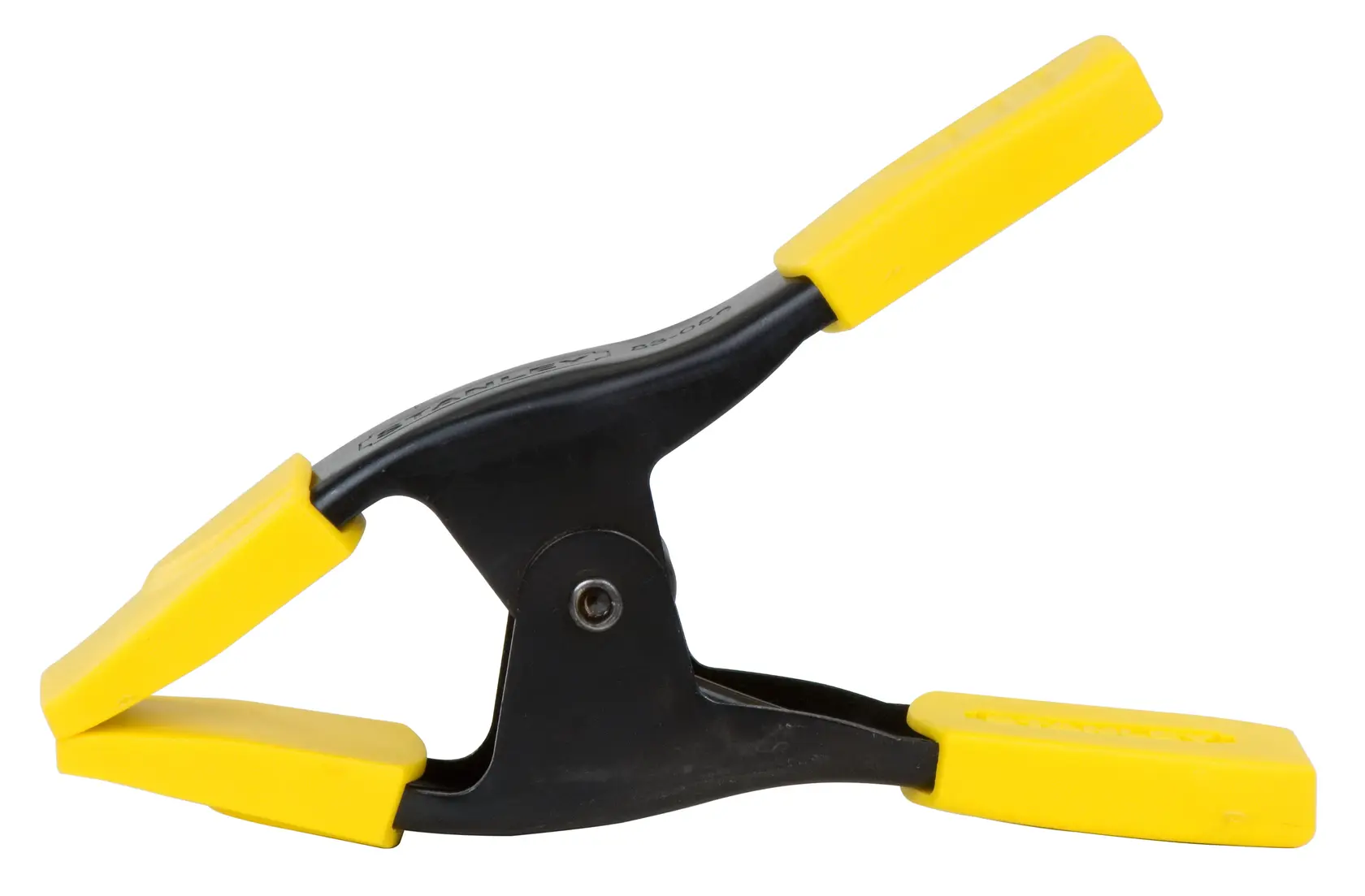 STANLEY 9-83-080 spring clamp with black body and yellow grips, side angle on white background.