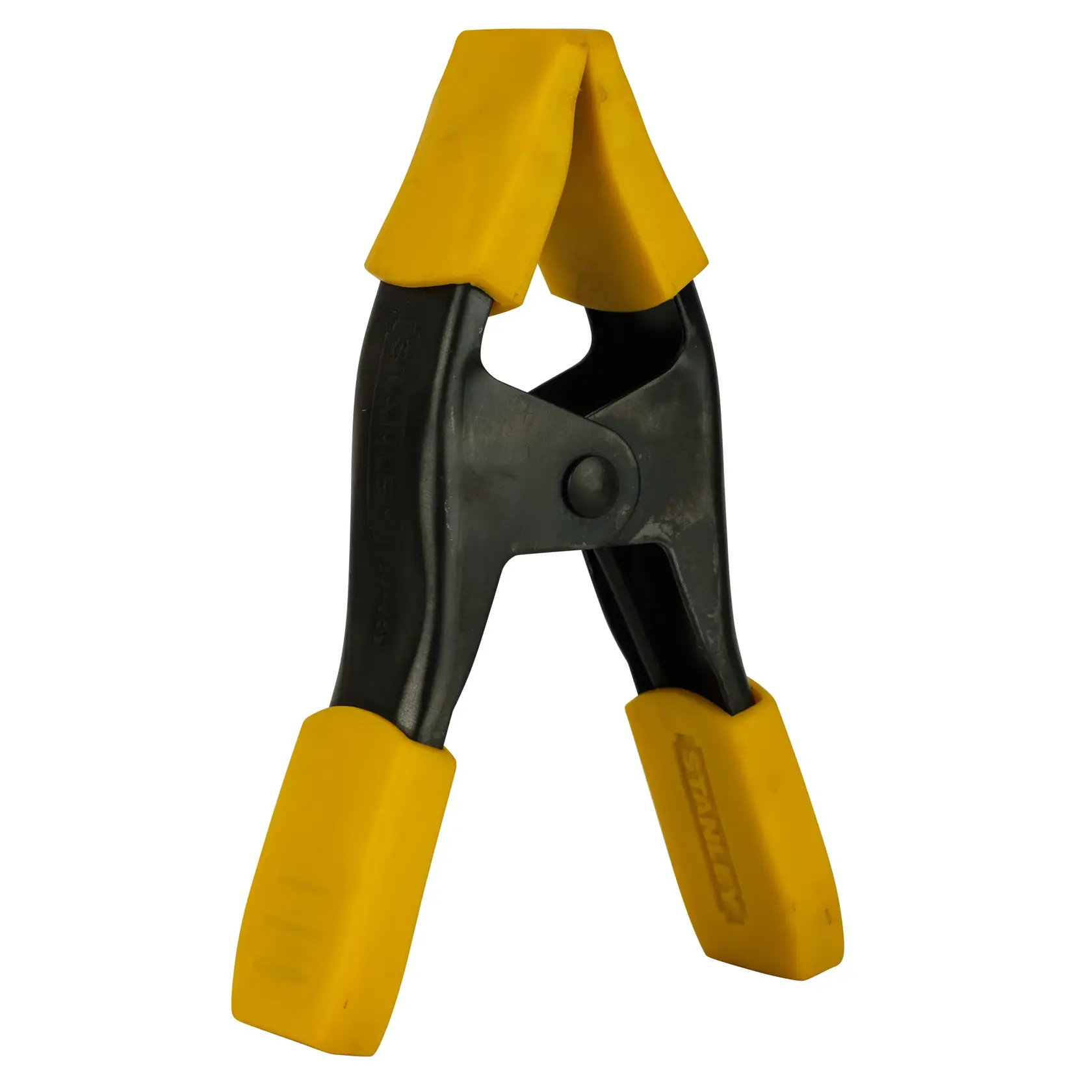 Photo of STANLEY 9-83-080 spring clamp with yellow grips, front angle, against white background.