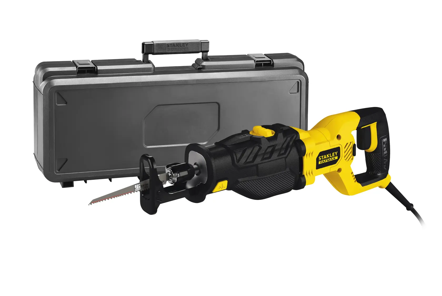 STANLEY FME365K reciprocating saw with yellow and black body, shown with hard carrying case, side angle.