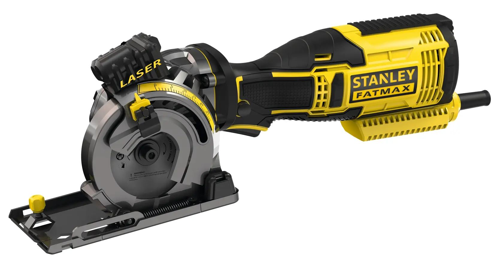 Stanley Fatmax compact circular saw set with case, three blades, hose, and accessories on white background.