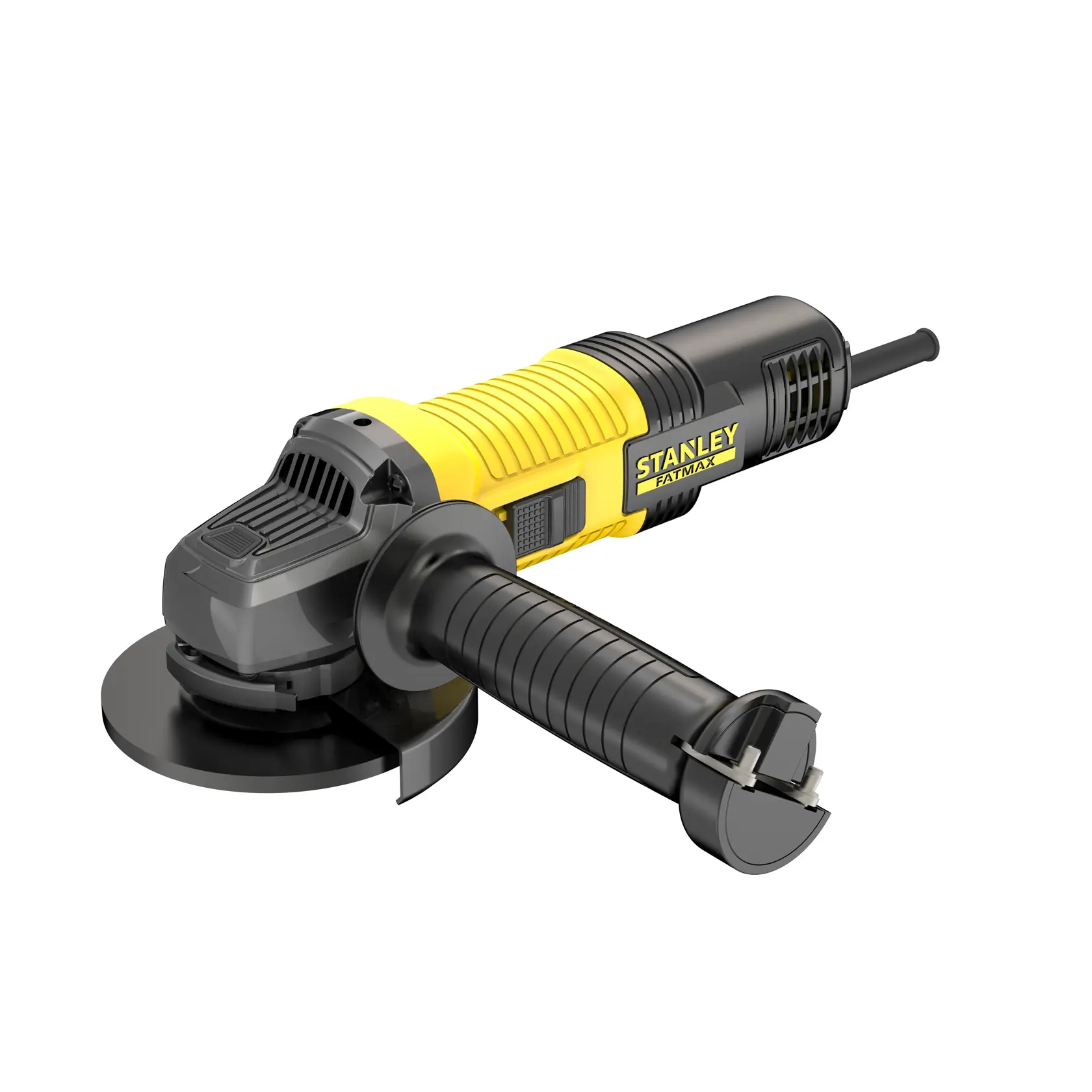 STANLEY FMEG220 angle grinder, yellow and black, with side handle, product photo on white background.