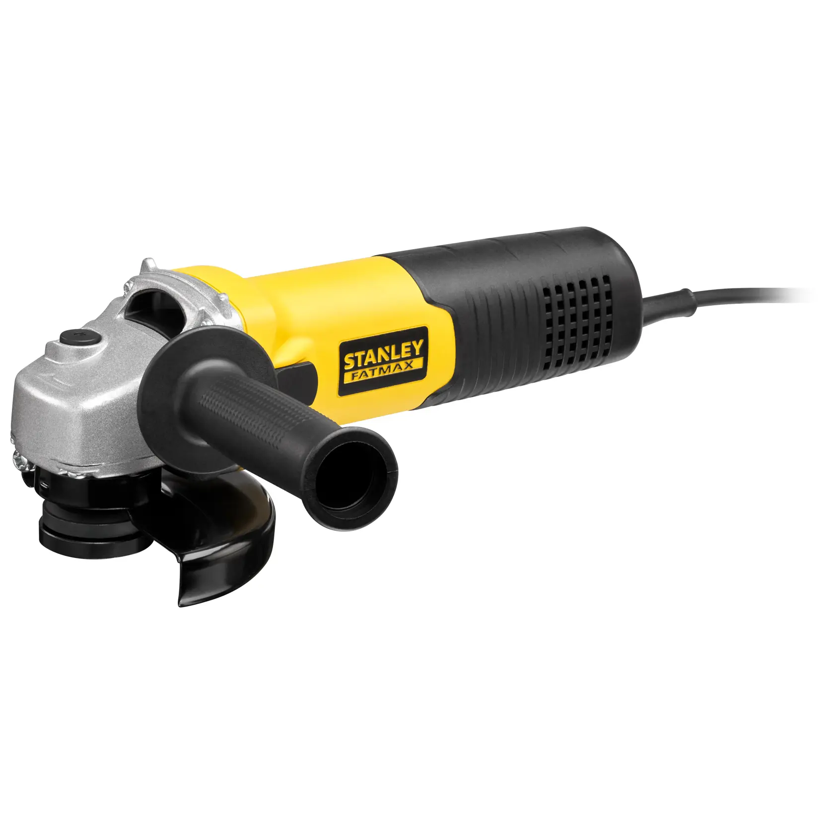 Stanley Fatmax angle grinder with yellow and black body and side handle, shown isolated on white background.