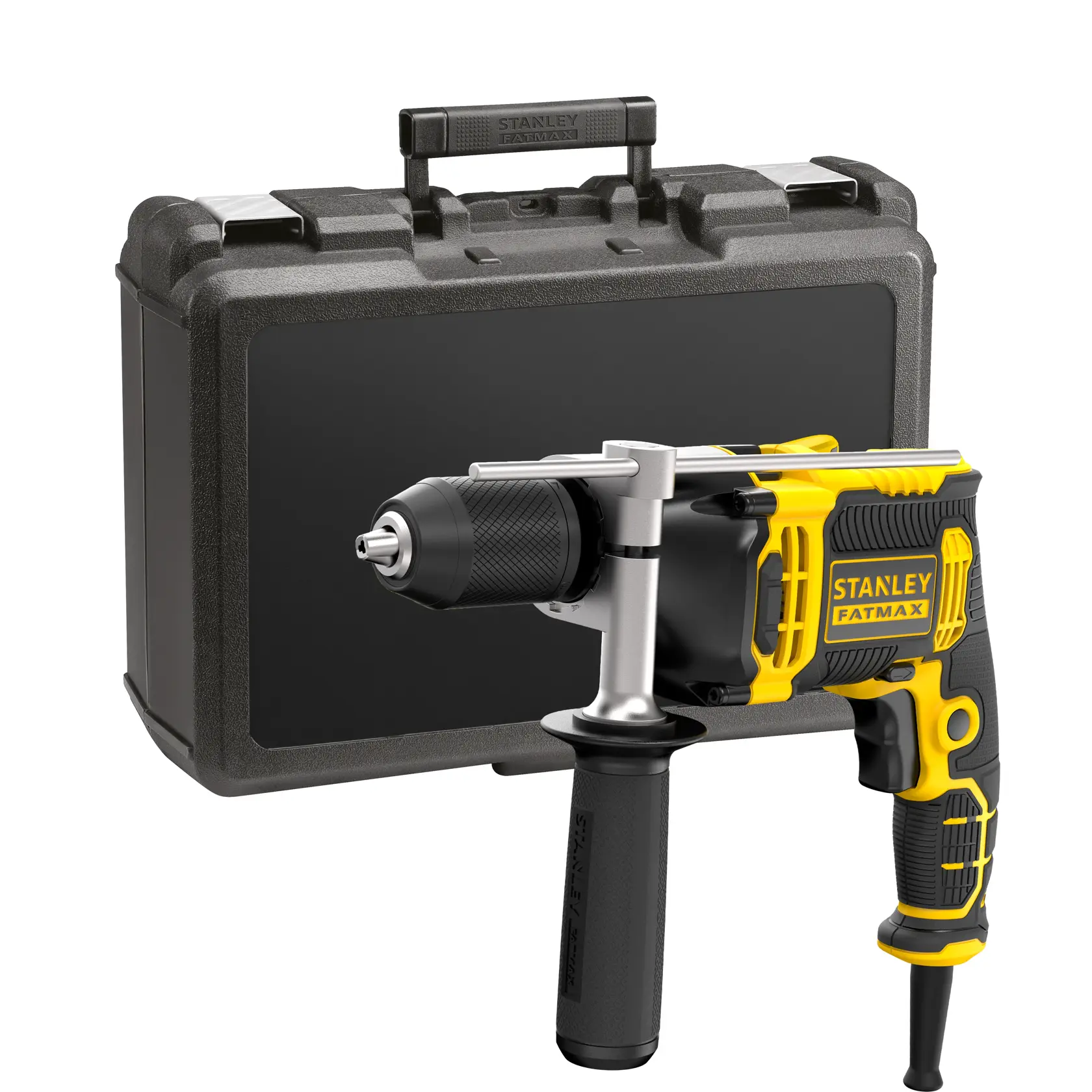 STANLEY FMEH750K hammer drill, black and yellow, with carrying case, front angle.