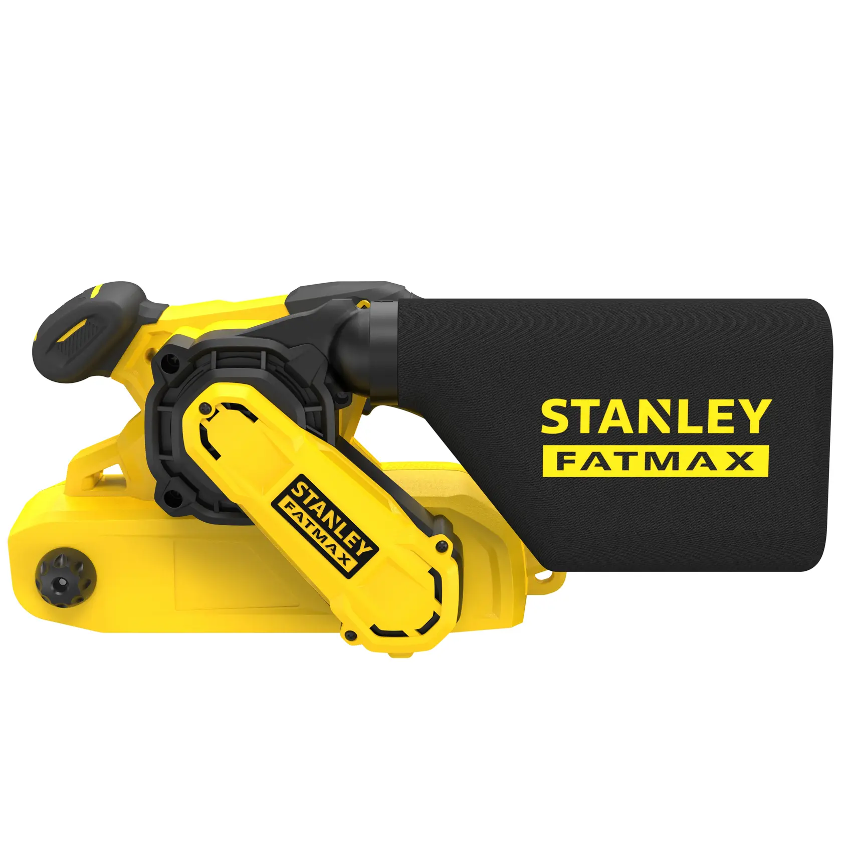 STANLEY FMEW204K belt sander with dust bag, yellow and black, side angle on white background.