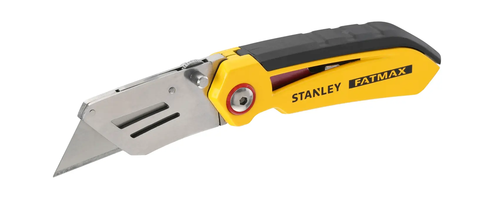 STANLEY FMHT0-10827 folding utility knife side view, yellow and black handle, extended blade.