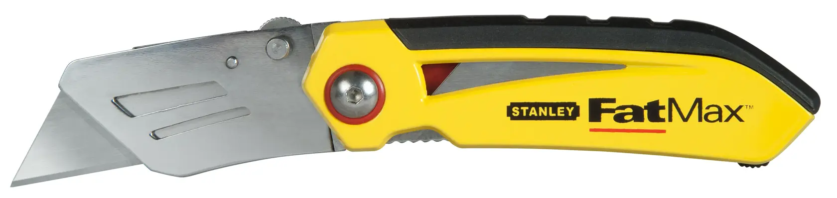 Photo of STANLEY FMHT0-10827 folding utility knife with yellow and black handle, side angle on white background.