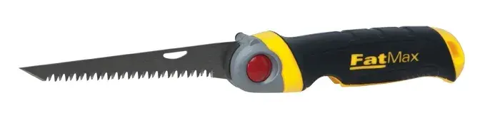 STANLEY FMHT0-20559 folding jab saw with black and yellow handle, side angle on white background.