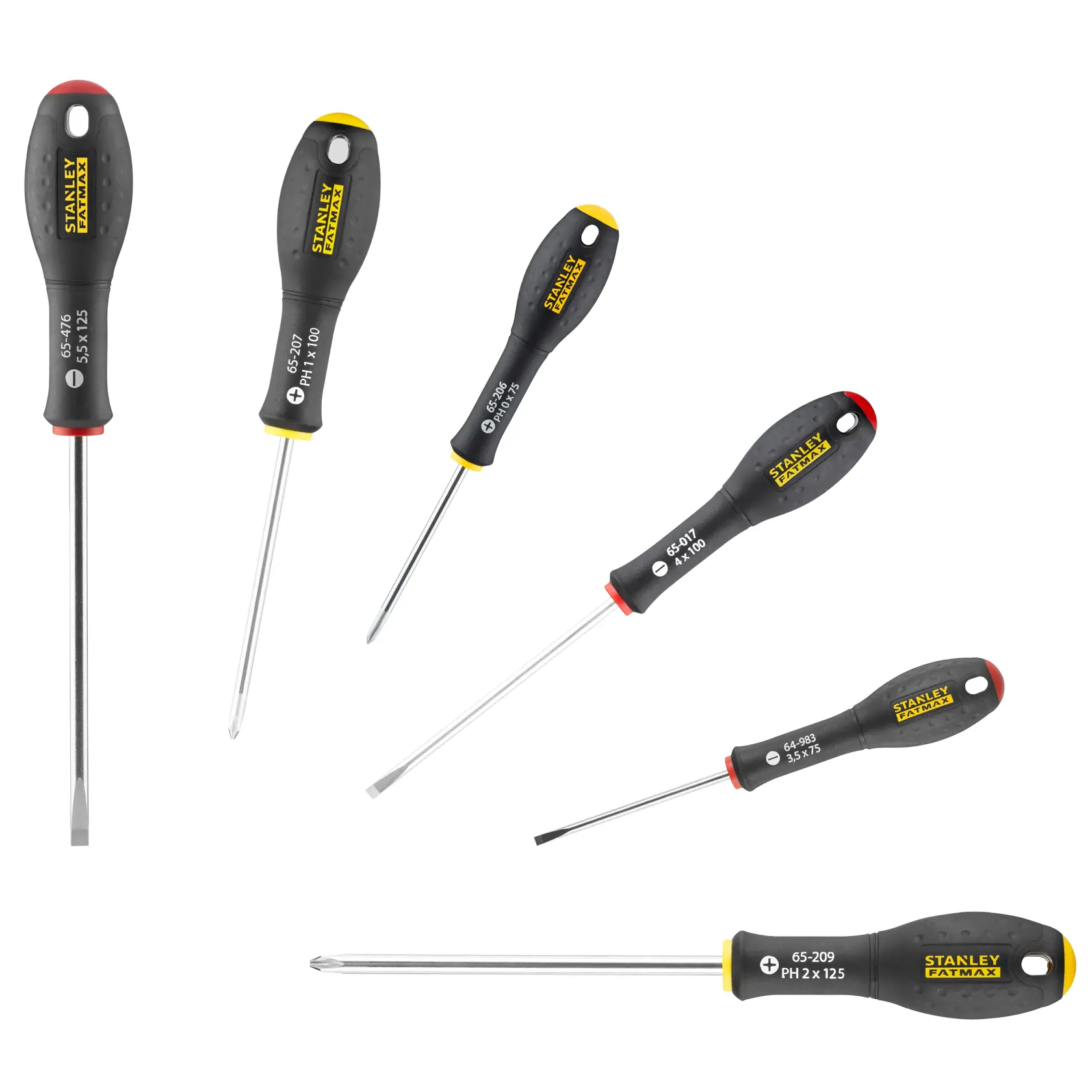 STANLEY FMHT0-62626 screwdriver set with six assorted screwdrivers, black and yellow handles, top view on white background.