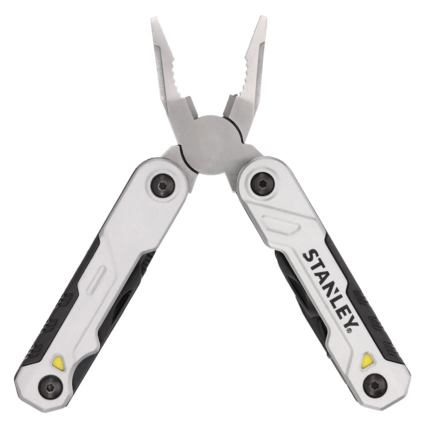 Stanley-branded silver multitool with pliers open, textured handles, photographed on a white background.