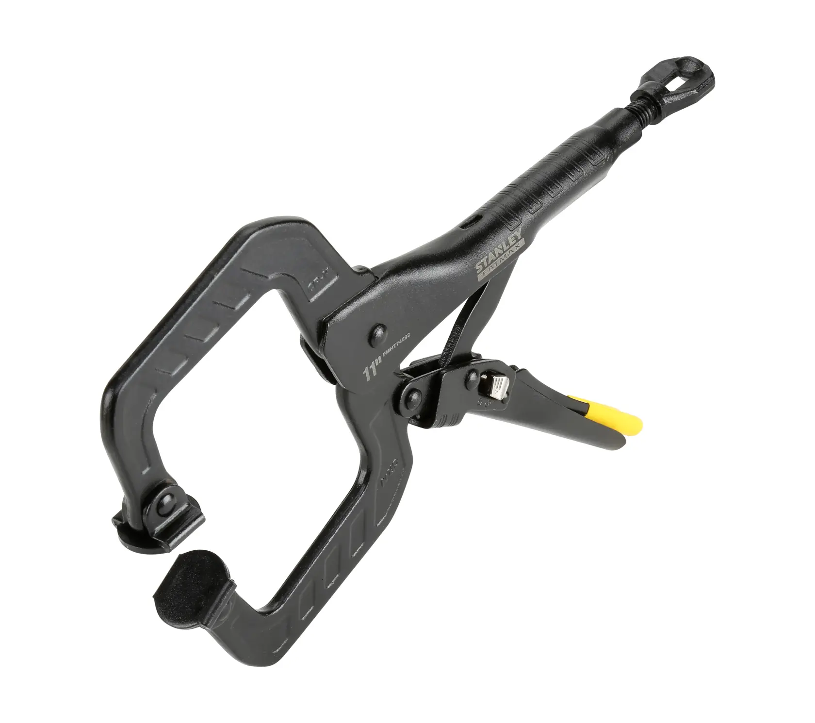Stanley FMHT0-74892 11-inch clamp tool with trigger handle for holding materials securely.