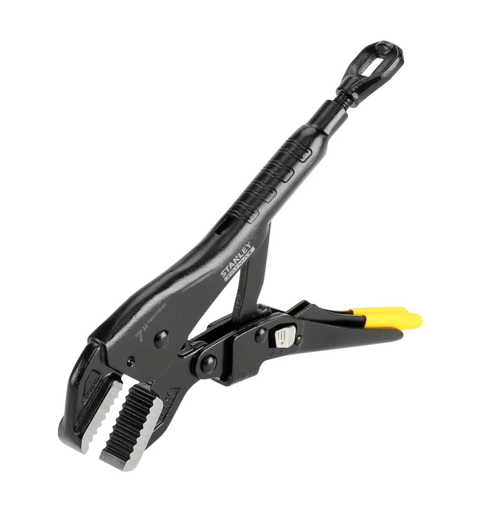 Stanley locking pliers with black body and yellow grip, used for clamping and holding objects securely.
