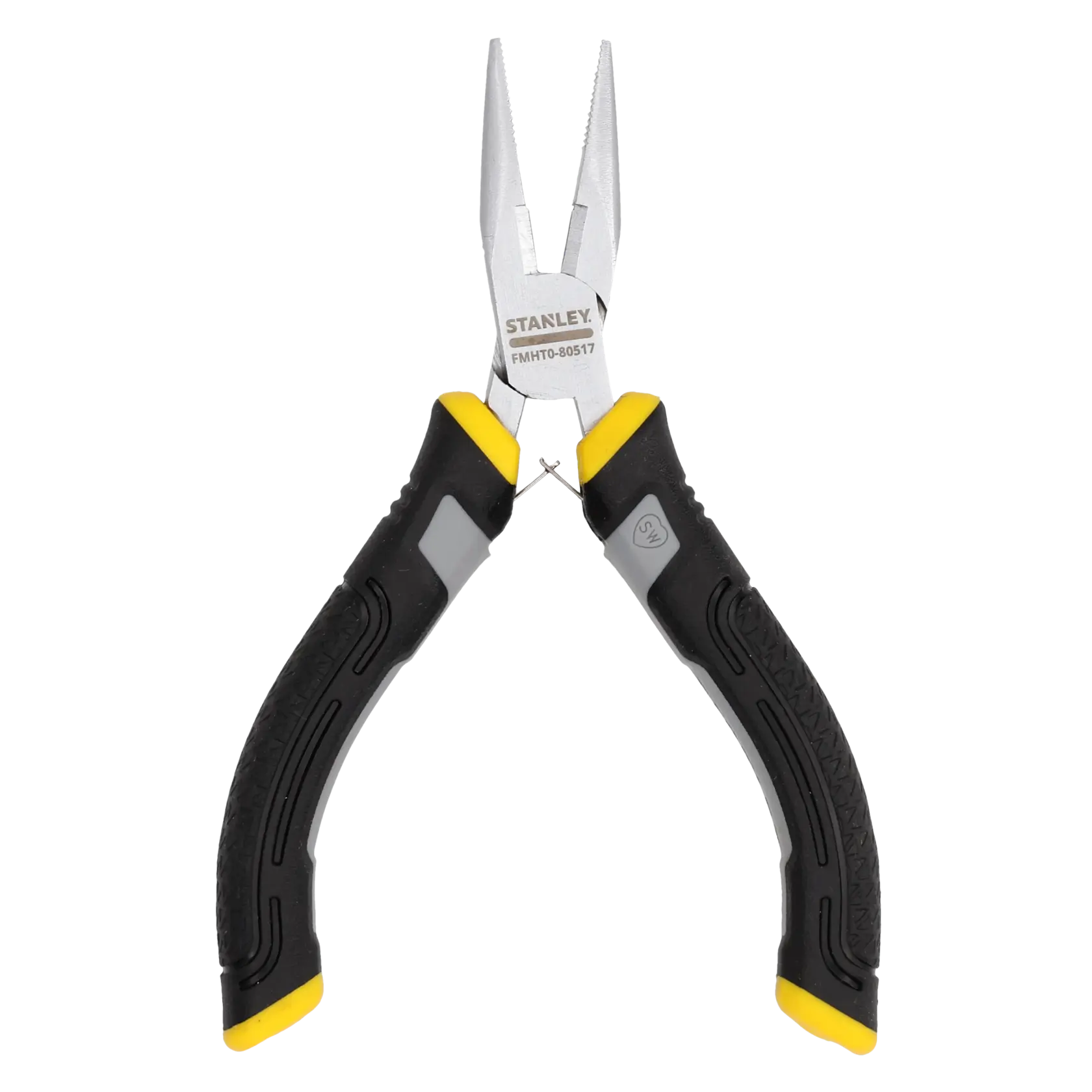 Stanley long nose pliers with black and yellow ergonomic handles, shown against a white background.