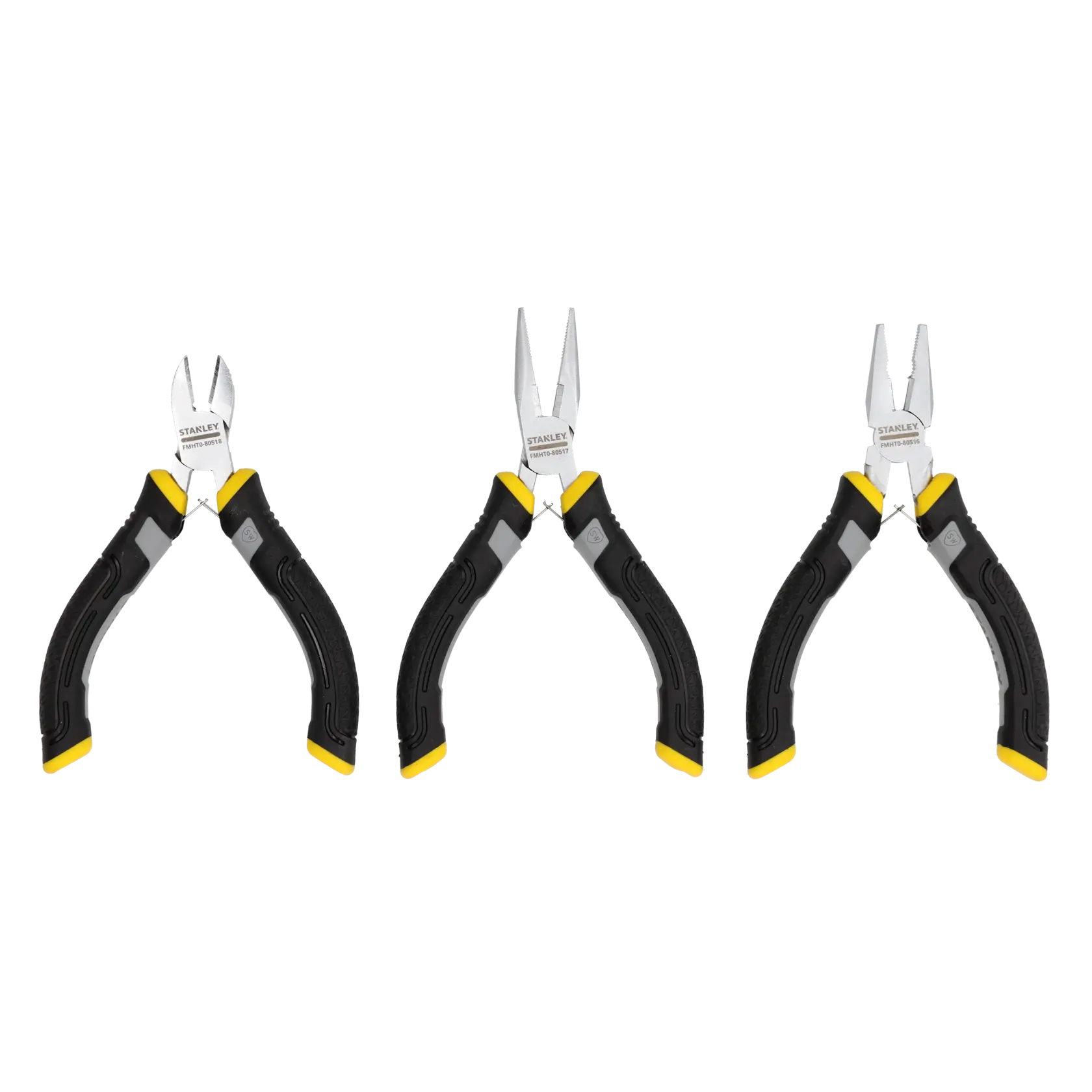 Three Stanley pliers with black and yellow handles, arranged side by side on a white background.