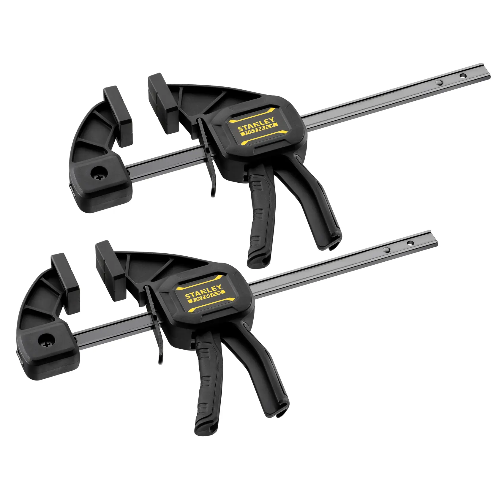 STANLEY FMHT0-83232 photography of two black trigger clamps on a white background, side angle view.