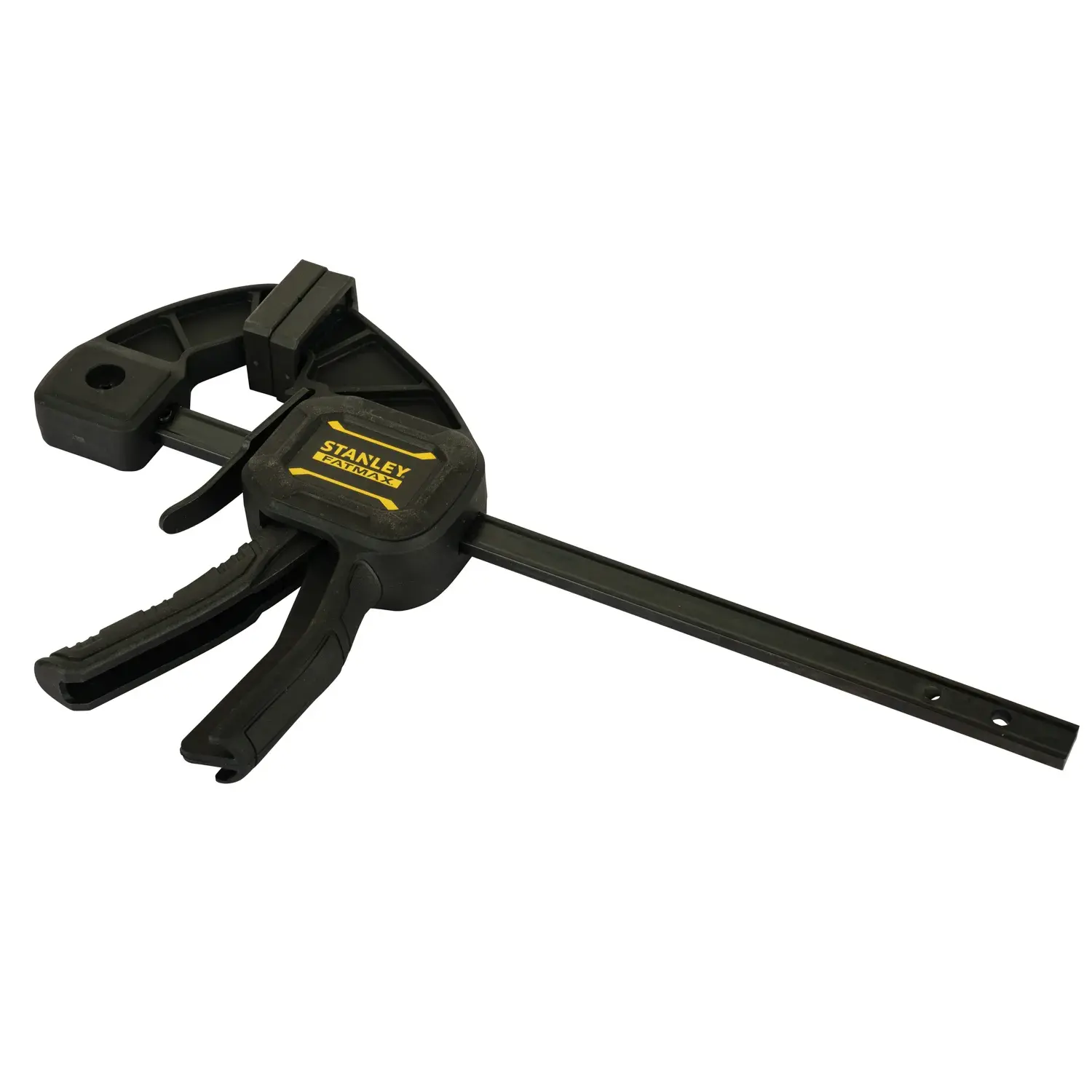 STANLEY FMHT0-83232 black trigger clamp side angle on white background.