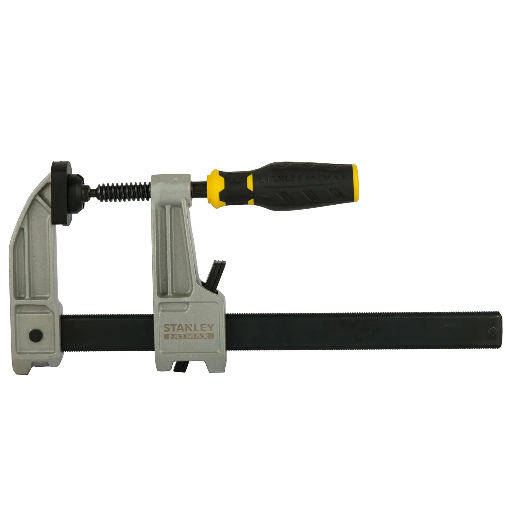 Stanley FatMax bar clamp with black and yellow handle for woodworking and holding materials securely.