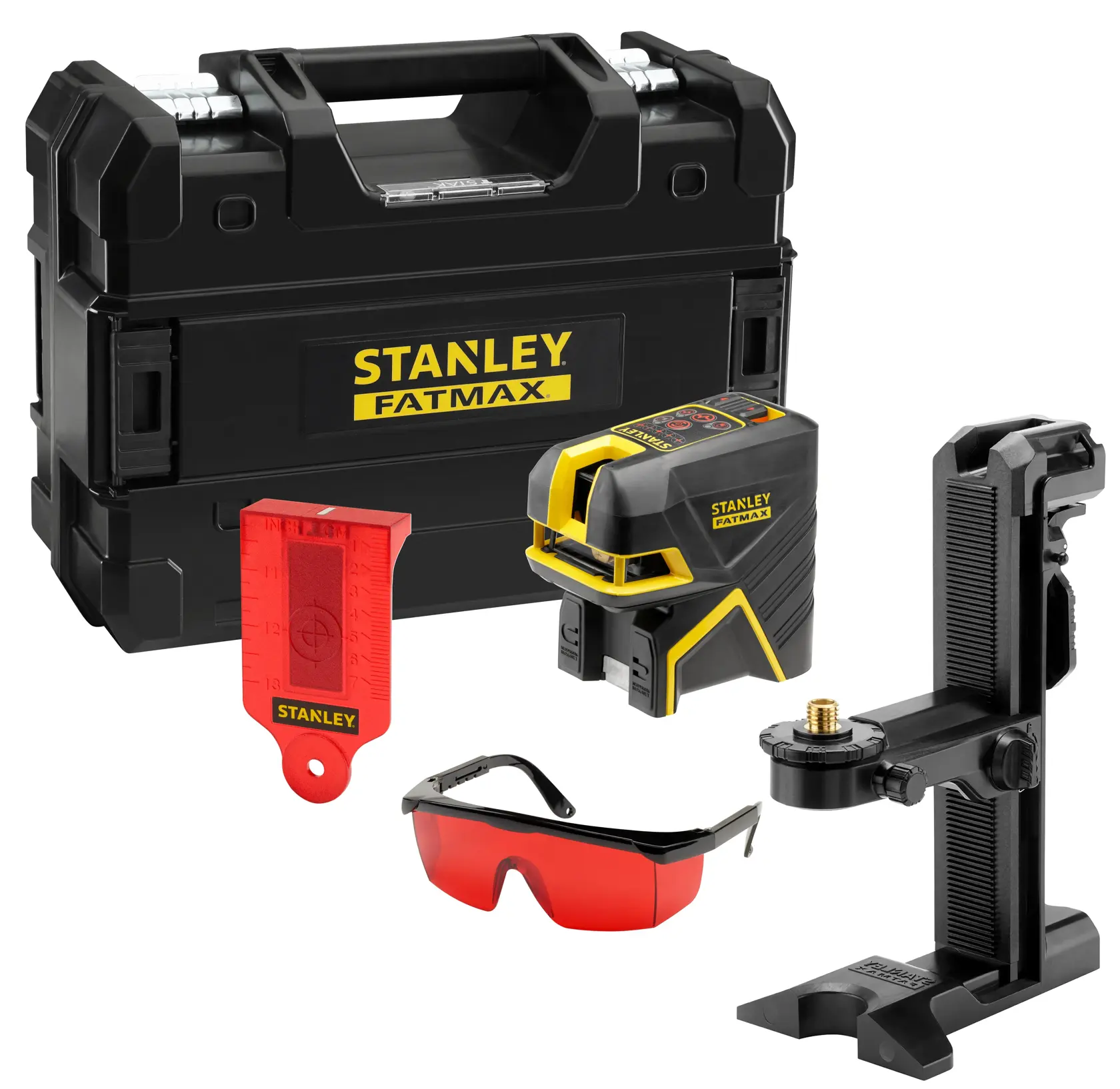 STANLEY FMHT1-77414 laser level kit with black case, bracket, red glasses, and red target, front angle.