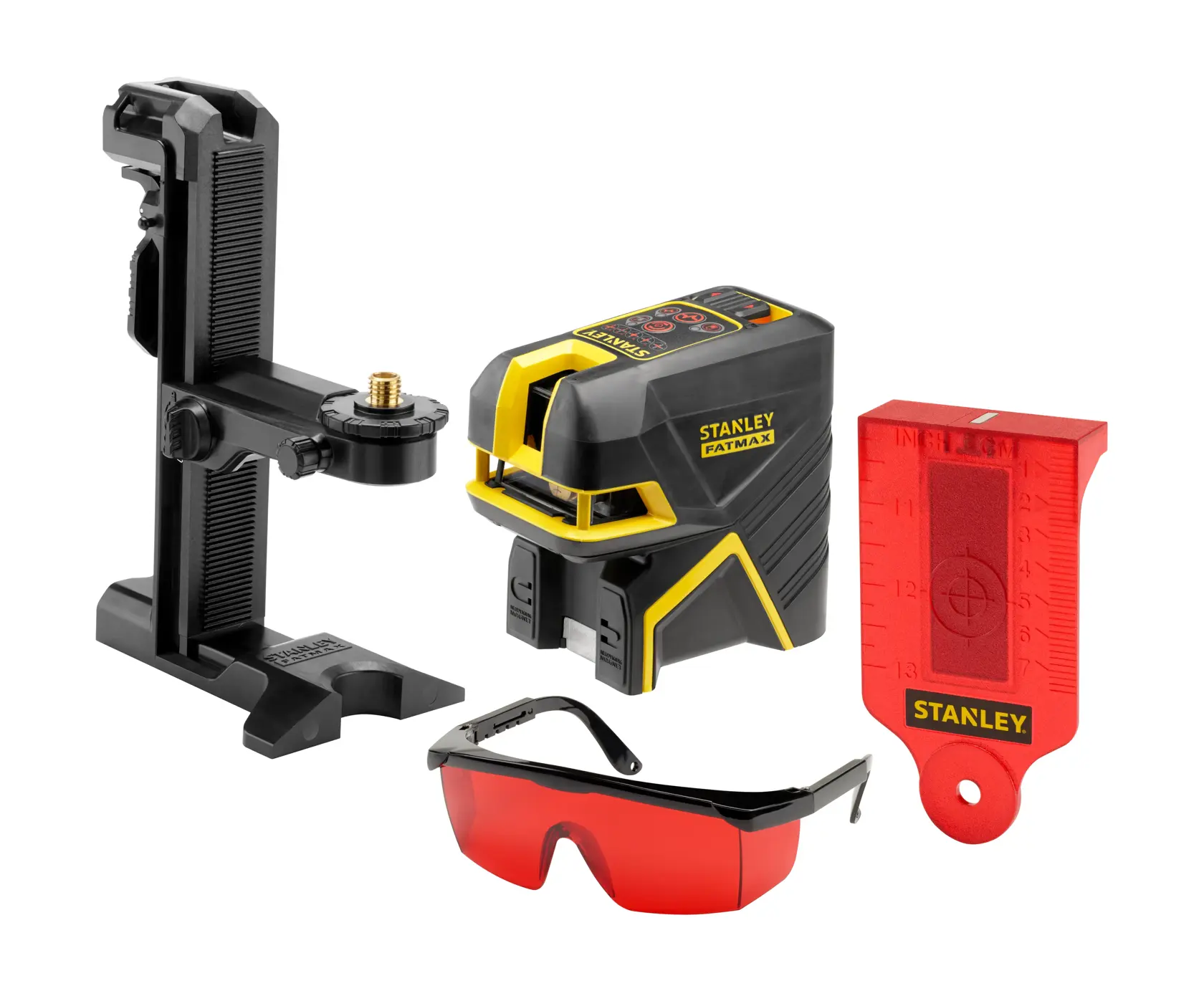 STANLEY FMHT1-77415 laser level kit with mounting bracket, red target card, and red safety glasses, front view.