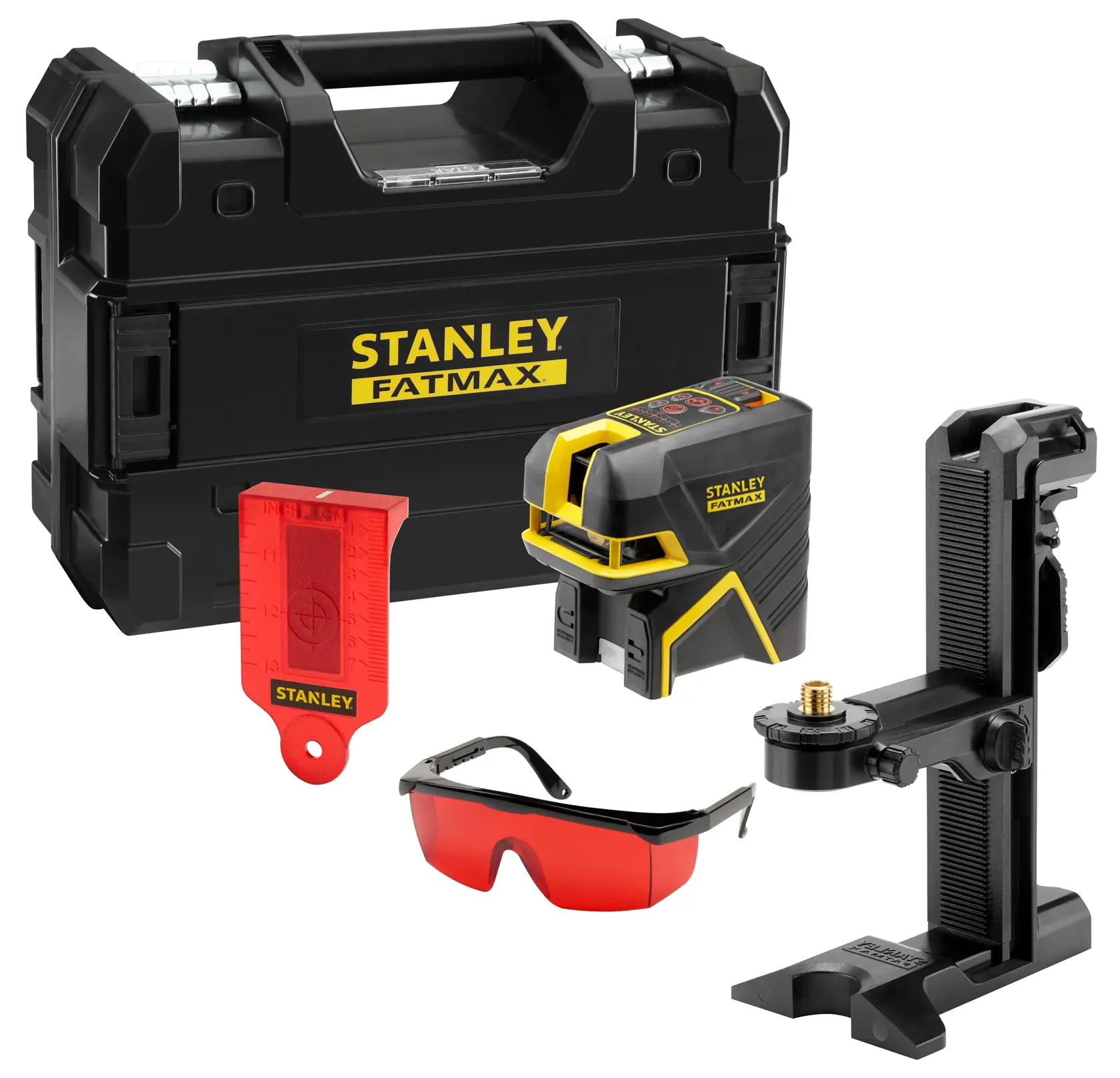 STANLEY FMHT1-77415 laser level, black and yellow, angled view on white background.
