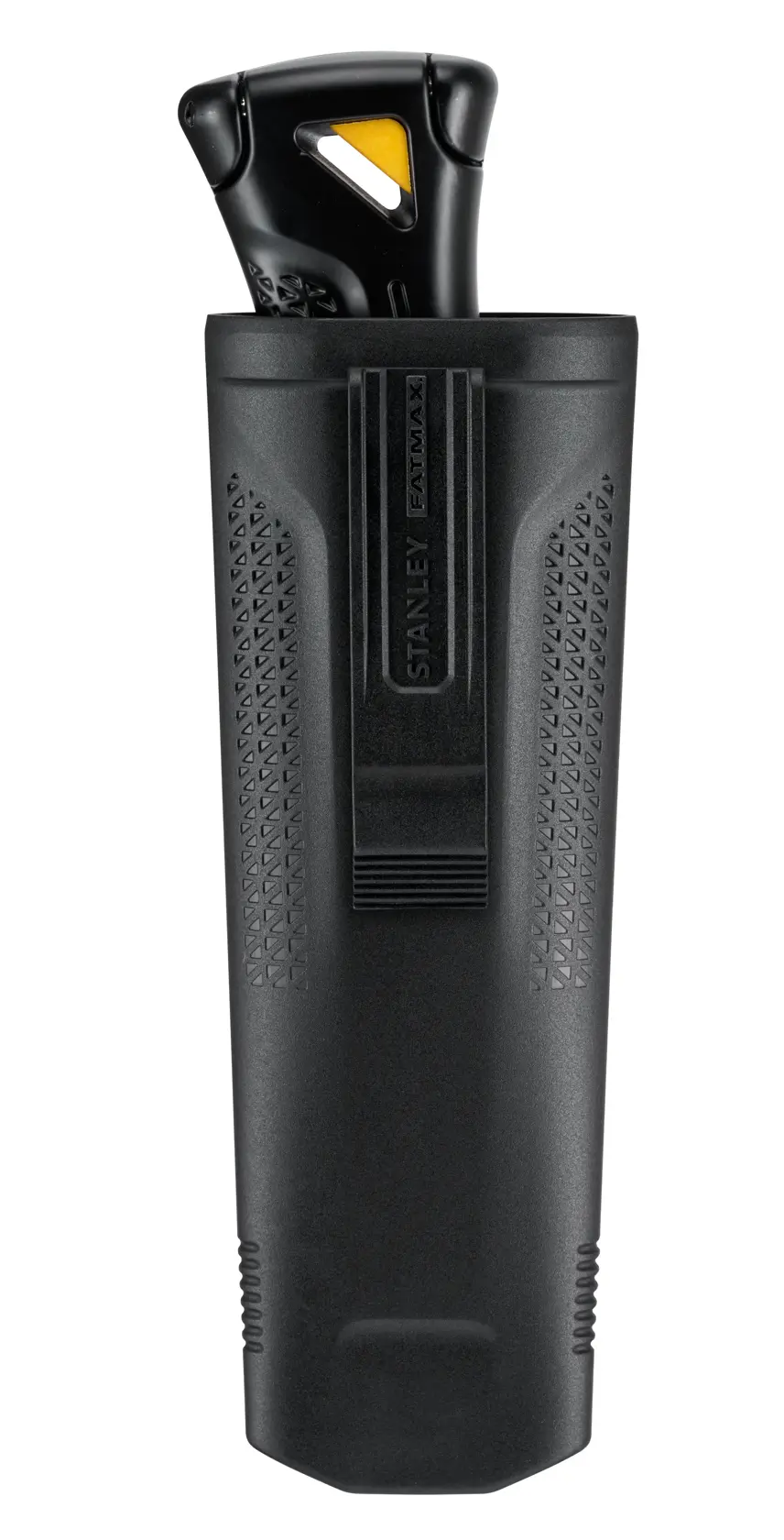 STANLEY FMHT10500-0 Universalmesser im schwarzen Holster, Vorderansicht, strukturierter Griff und Gürtelclip.