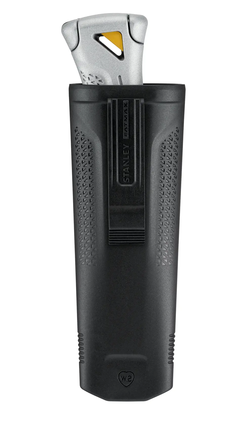 STANLEY FMHT10501-0 Universalmesser mit schwarzer strukturierter Halterung, Frontansicht, weißer Hintergrund.