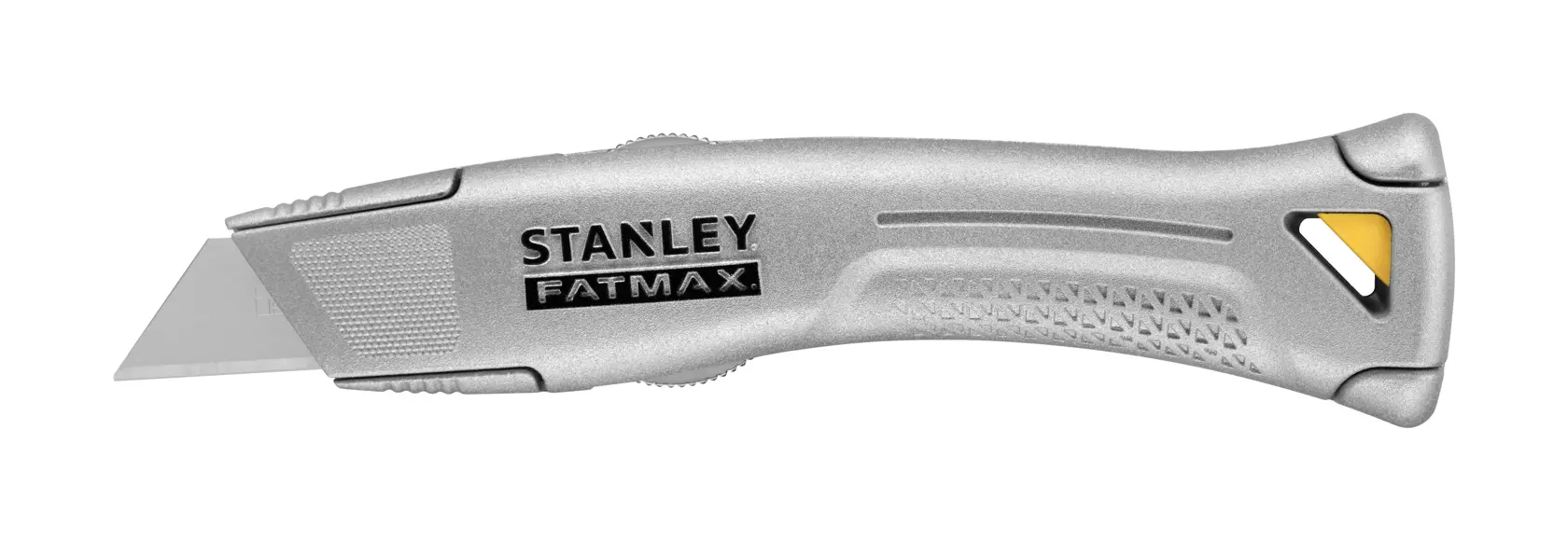 STANLEY FMHT10501-0 Universalmesser, silbernes Metall mit gelben und schwarzen Akzenten, Seitenansicht links auf weißem Hintergrund.